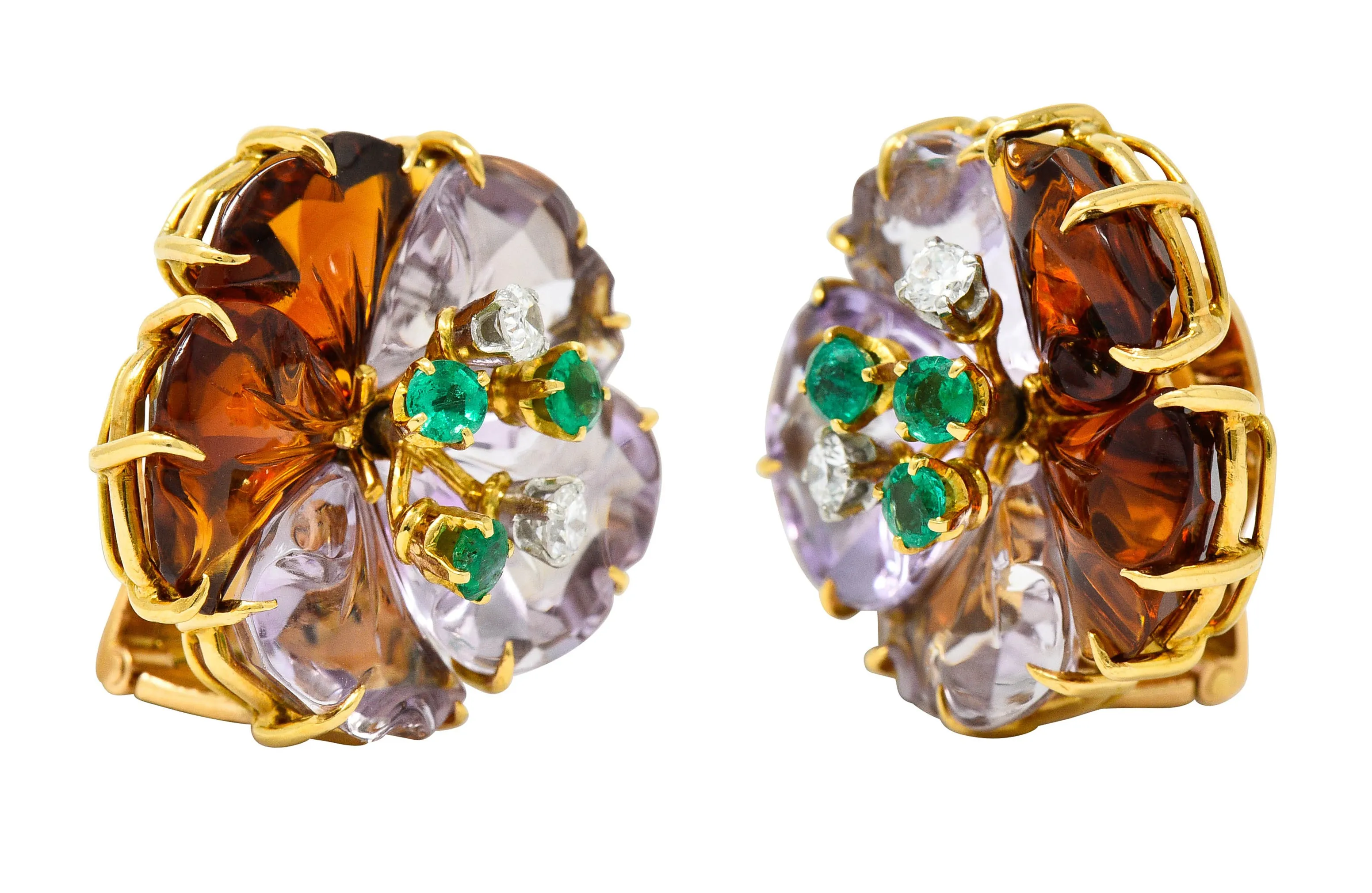 Boucheron Paris Diamond Emerald Citrine Amethyst 18 Karat Gold Flower Ear-Clip Earrings