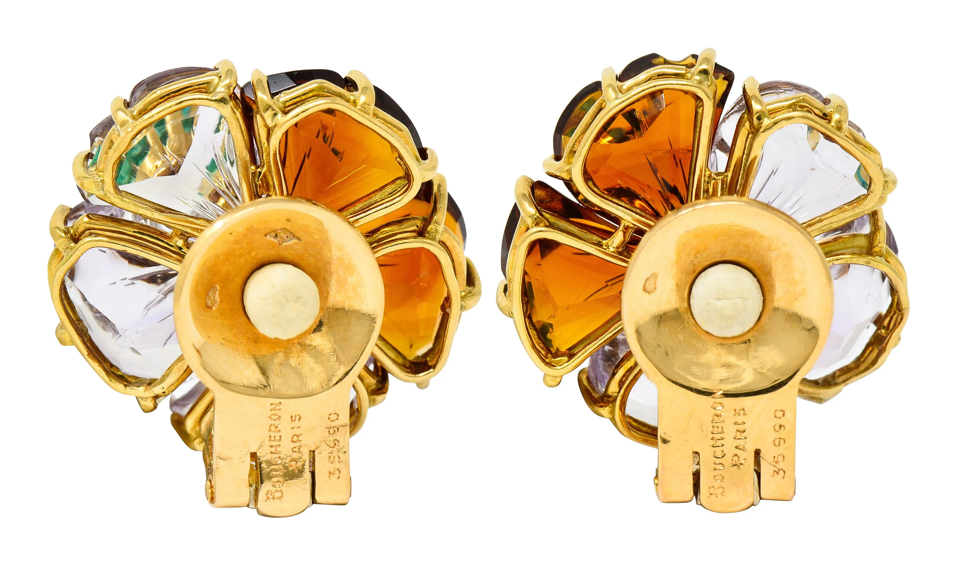Boucheron Paris Diamond Emerald Citrine Amethyst 18 Karat Gold Flower Ear-Clip Earrings