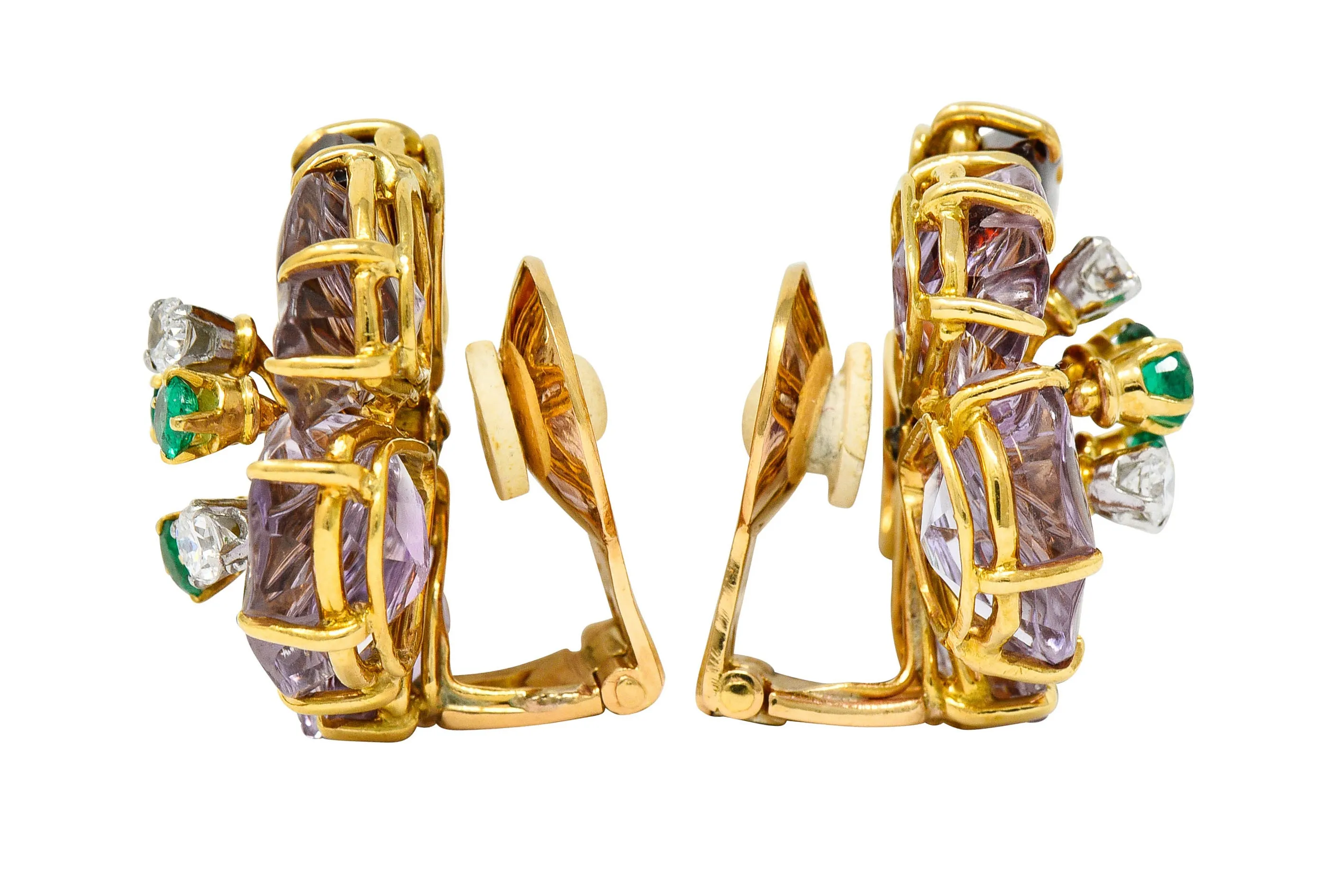 Boucheron Paris Diamond Emerald Citrine Amethyst 18 Karat Gold Flower Ear-Clip Earrings