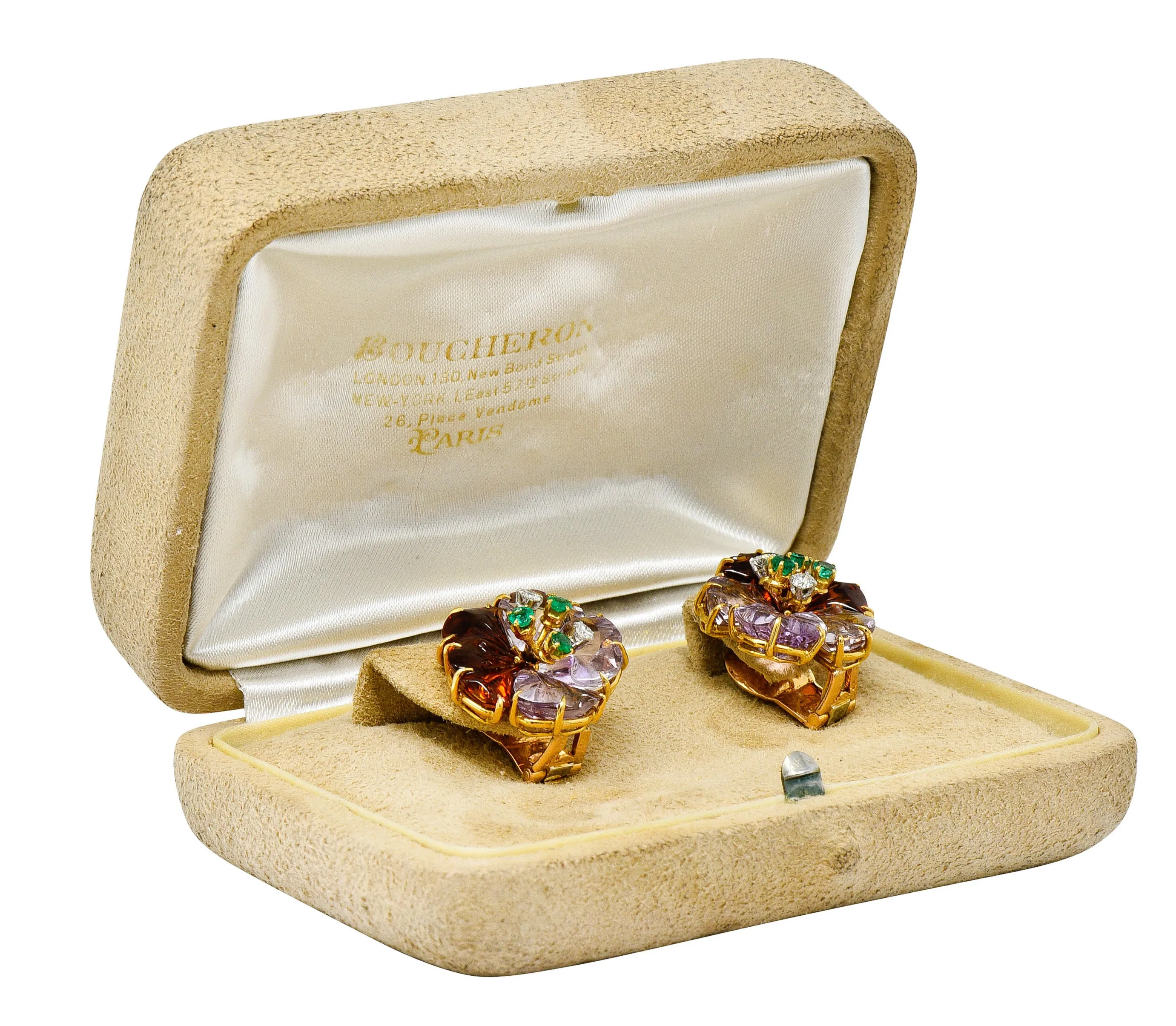 Boucheron Paris Diamond Emerald Citrine Amethyst 18 Karat Gold Flower Ear-Clip Earrings