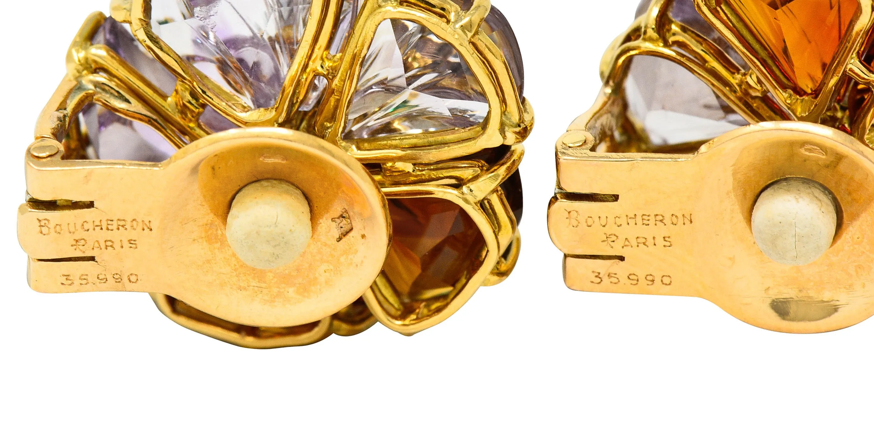 Boucheron Paris Diamond Emerald Citrine Amethyst 18 Karat Gold Flower Ear-Clip Earrings