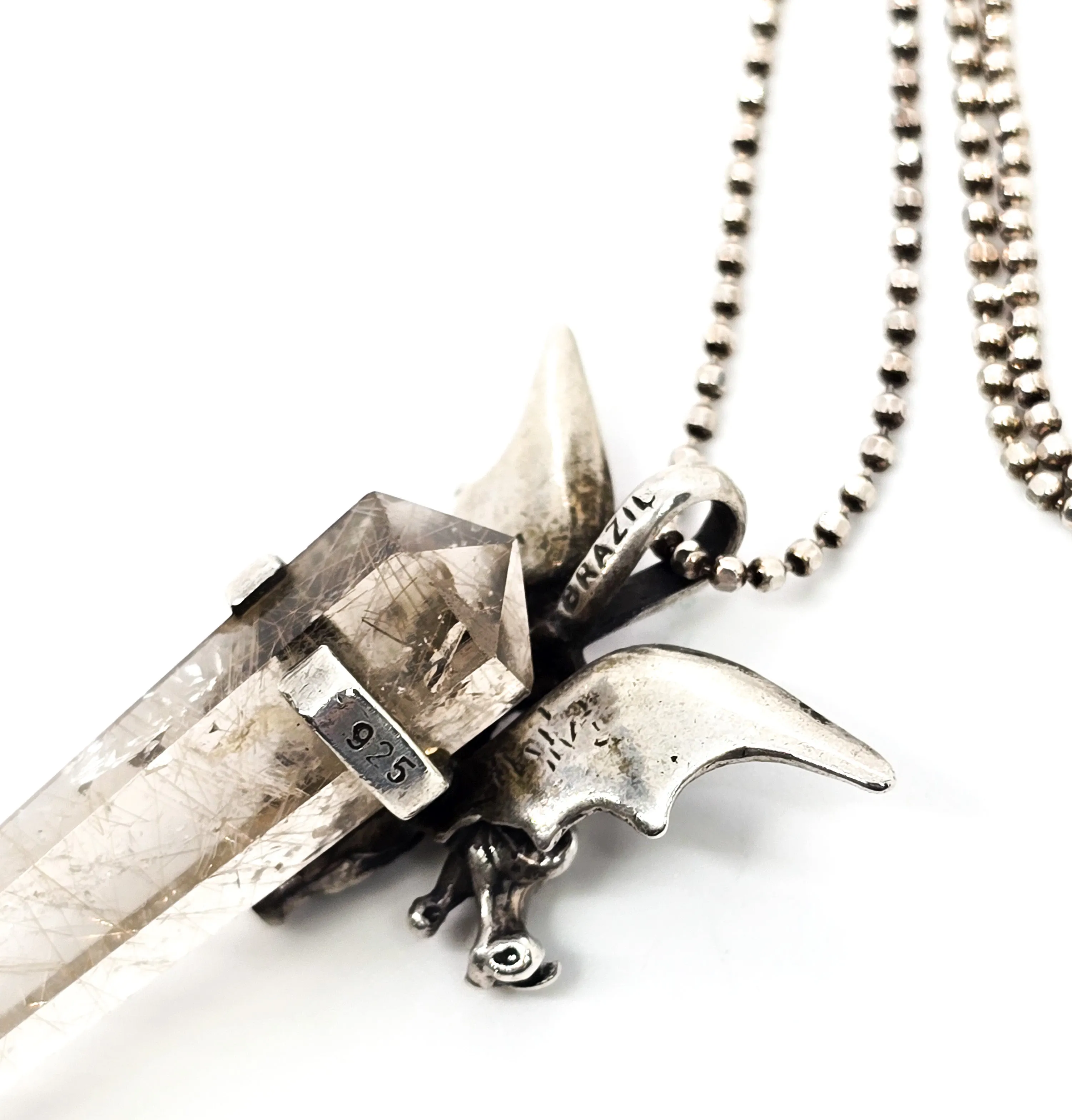 Brazilian Rutilated Quartz Dragon sterling silver mystical vintage pendant necklace