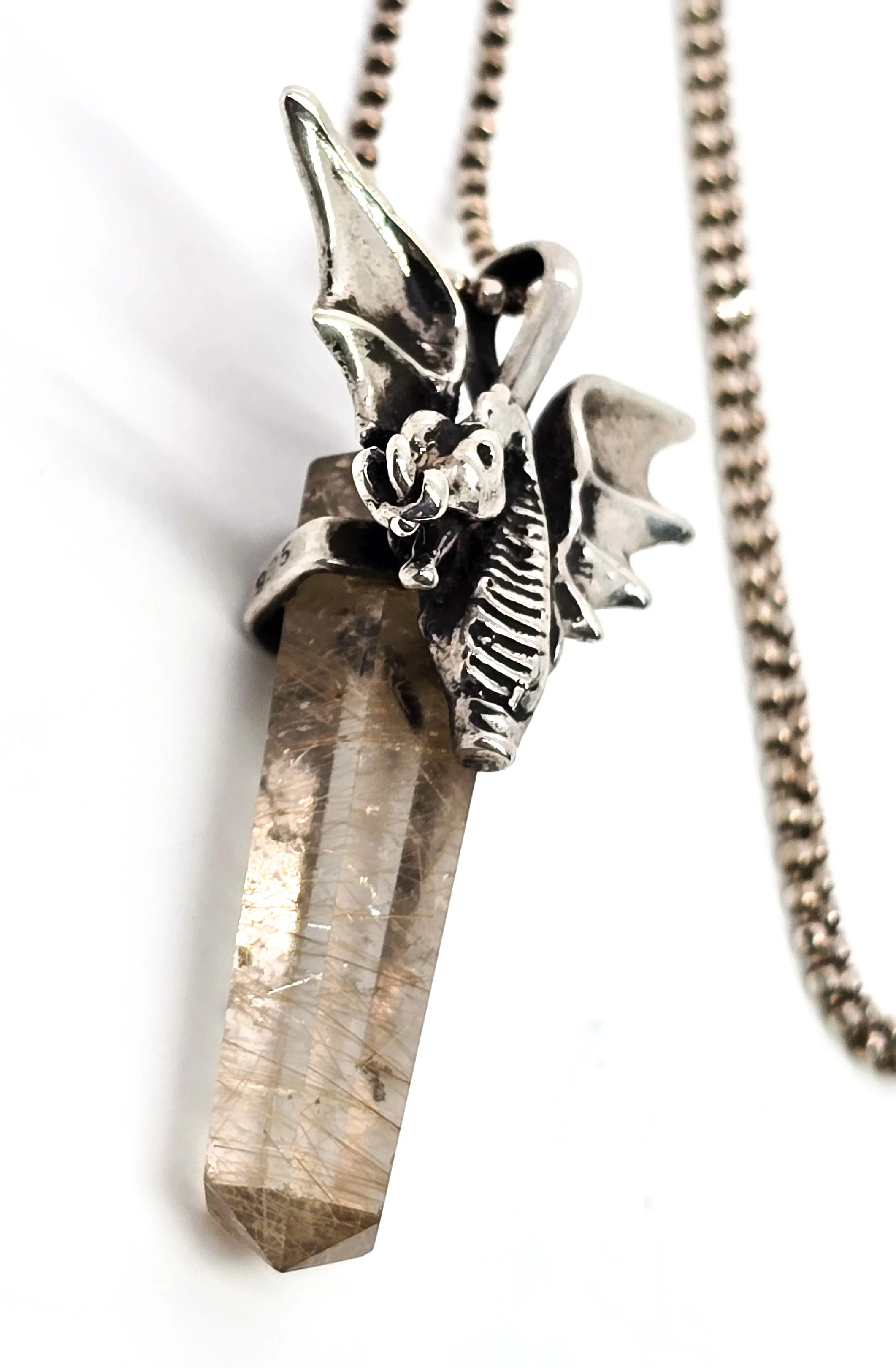 Brazilian Rutilated Quartz Dragon sterling silver mystical vintage pendant necklace