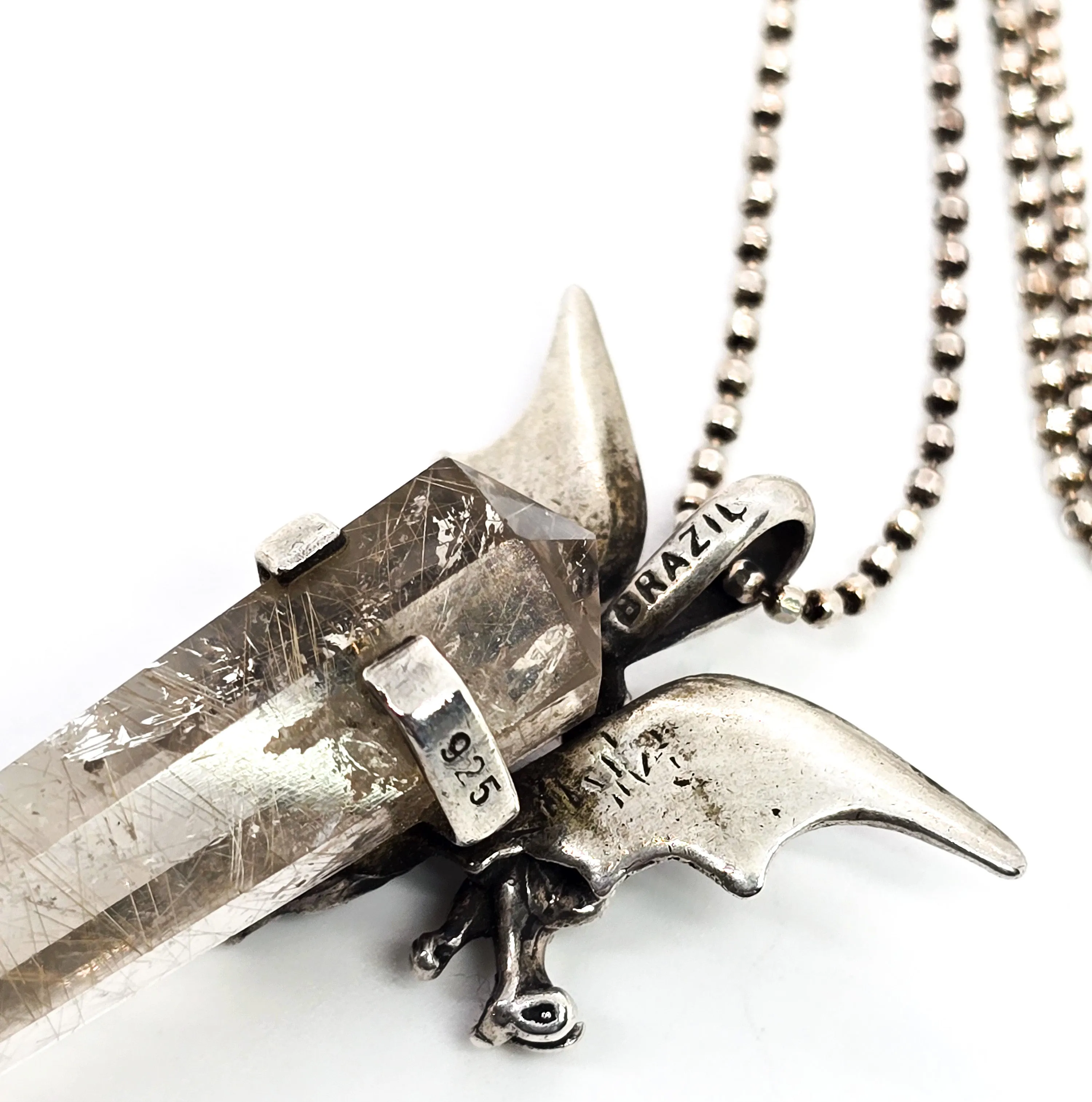 Brazilian Rutilated Quartz Dragon sterling silver mystical vintage pendant necklace