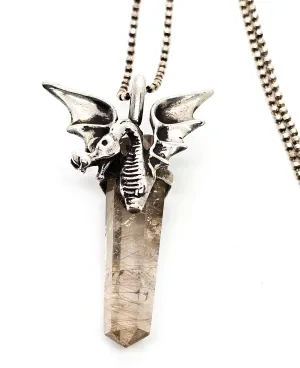 Brazilian Rutilated Quartz Dragon sterling silver mystical vintage pendant necklace