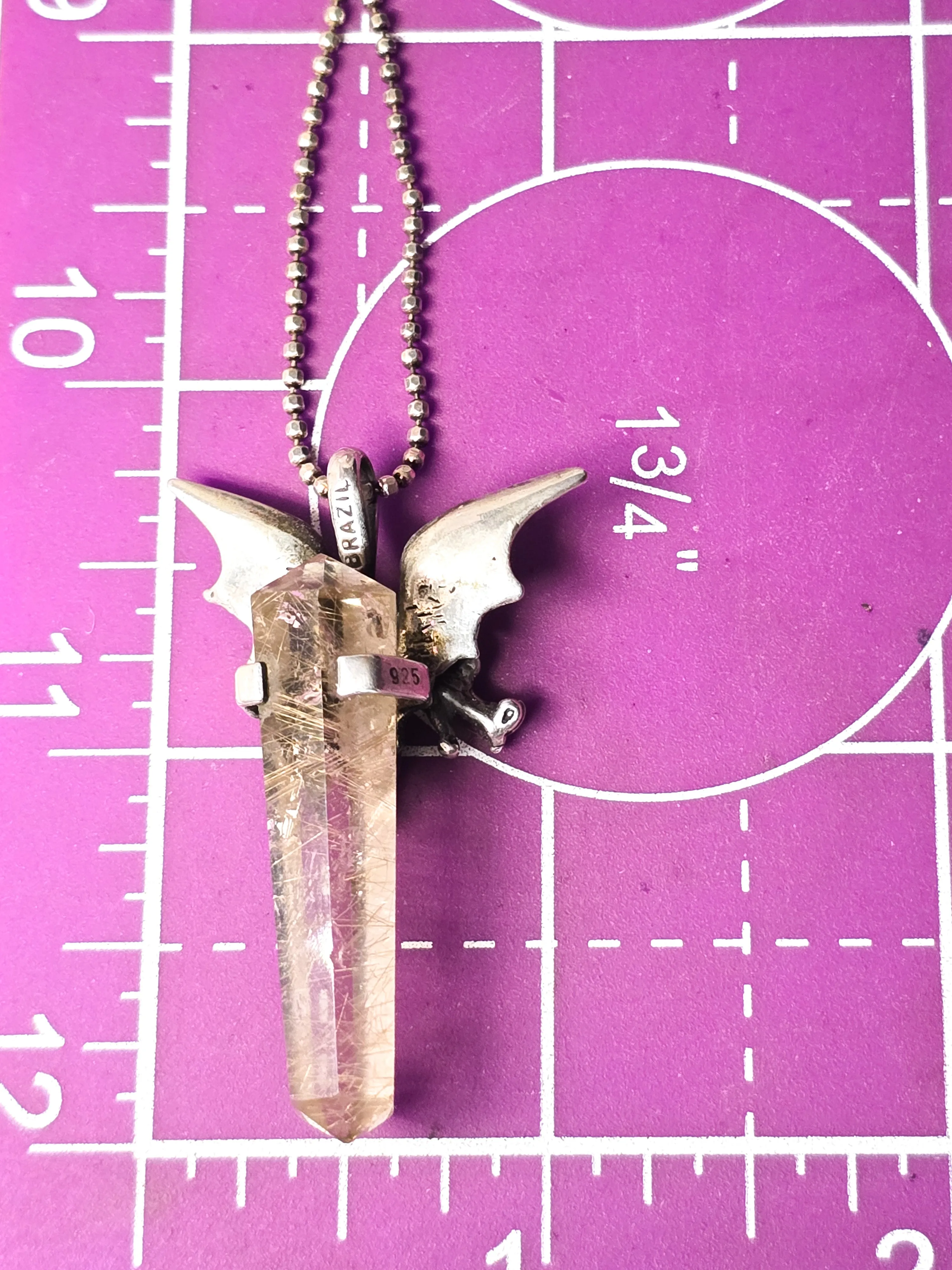 Brazilian Rutilated Quartz Dragon sterling silver mystical vintage pendant necklace