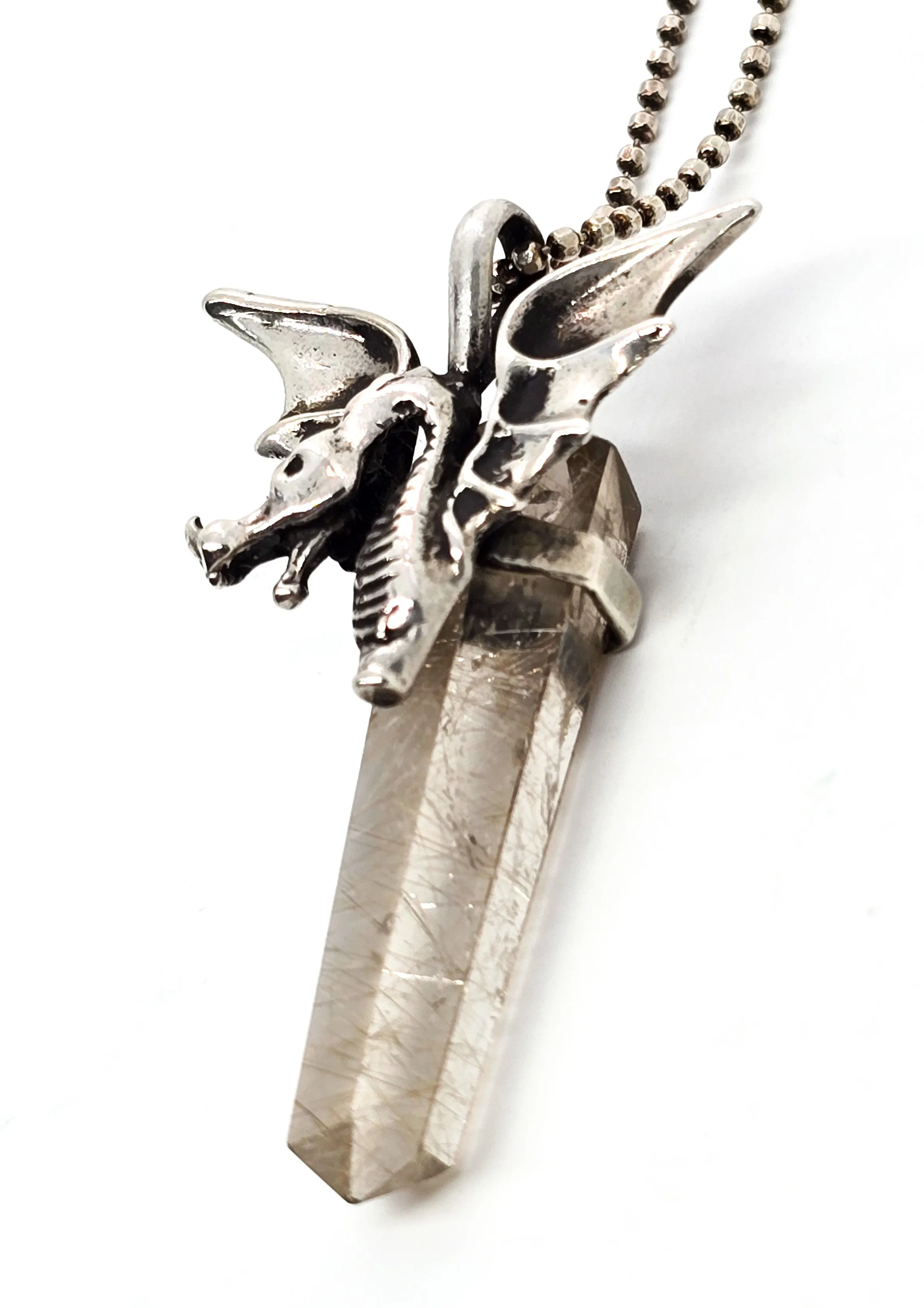 Brazilian Rutilated Quartz Dragon sterling silver mystical vintage pendant necklace