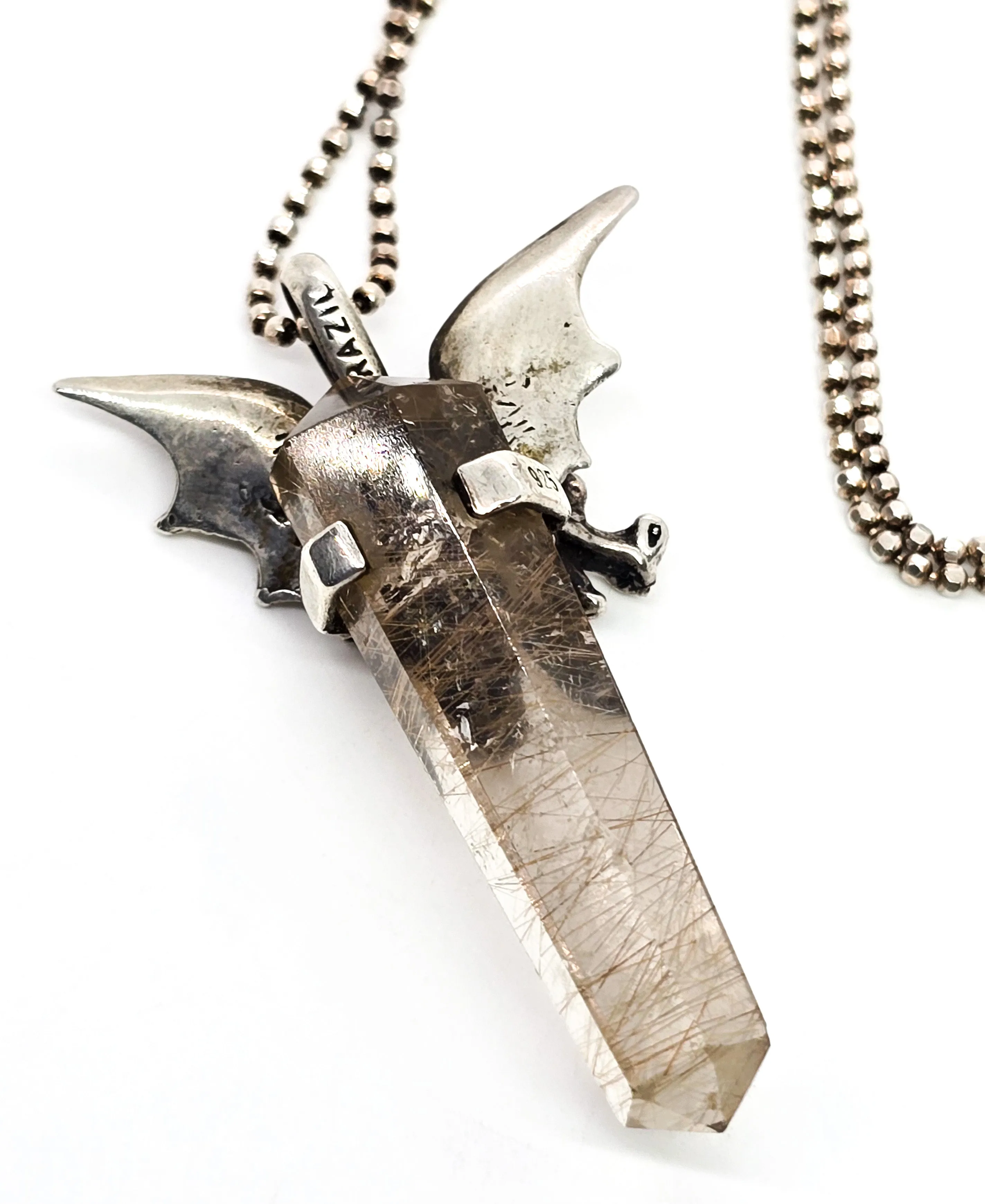 Brazilian Rutilated Quartz Dragon sterling silver mystical vintage pendant necklace