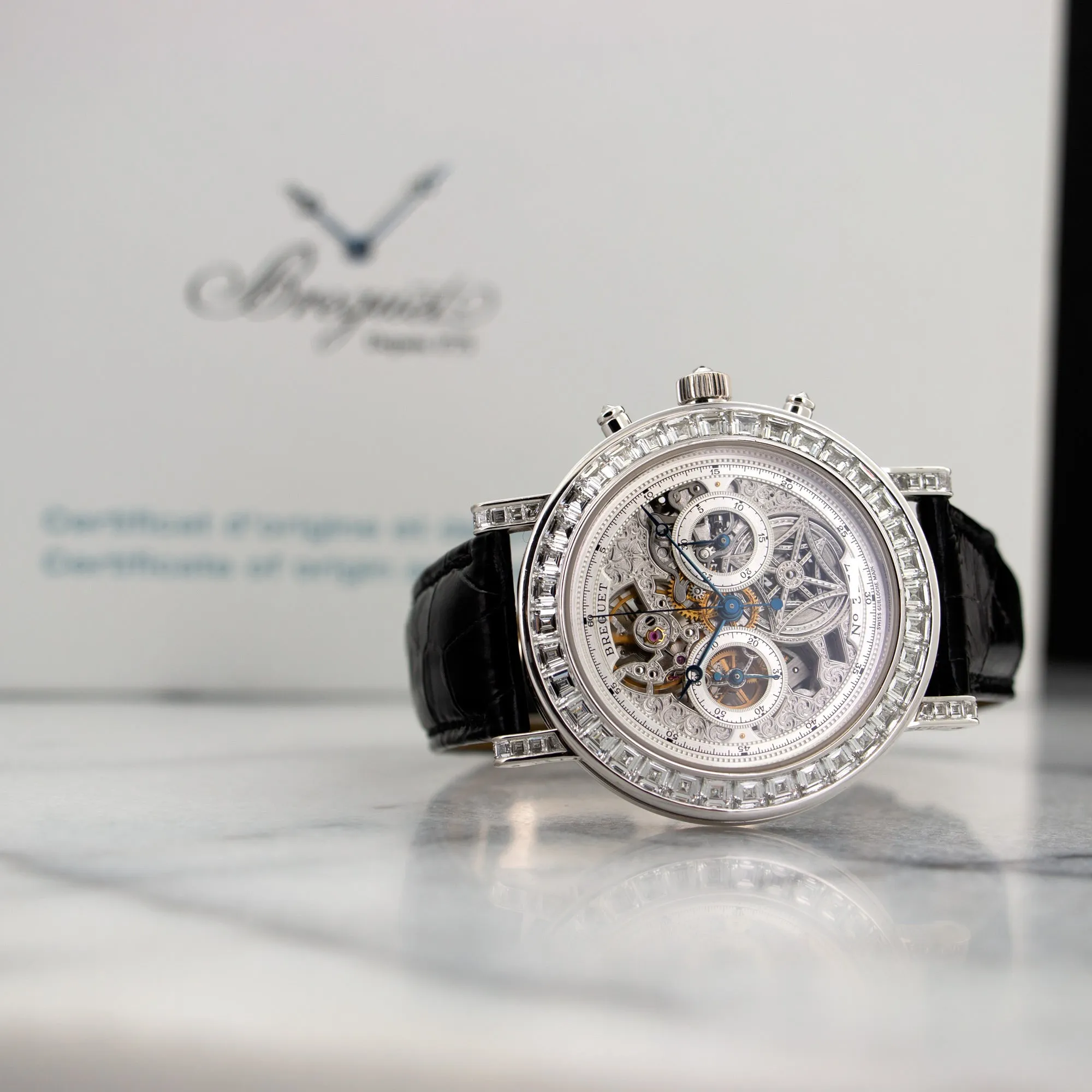 Breguet White Gold Chronograph Skeleton Baguette Diamond Watch