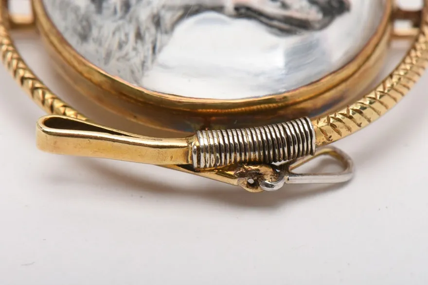 Brooch - Magnificent Estate English Springer Spaniel Reverse Carved Crystal Brooch Set in 14kt Yellow Gold