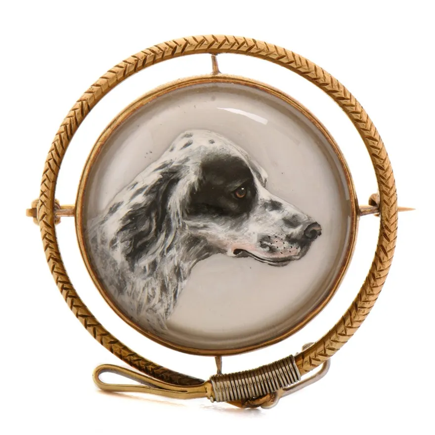 Brooch - Magnificent Estate English Springer Spaniel Reverse Carved Crystal Brooch Set in 14kt Yellow Gold