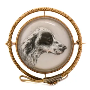 Brooch - Magnificent Estate English Springer Spaniel Reverse Carved Crystal Brooch Set in 14kt Yellow Gold