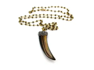 Brown Shell Pave Horn Smoky Quartz Long Rosary Chain Necklace