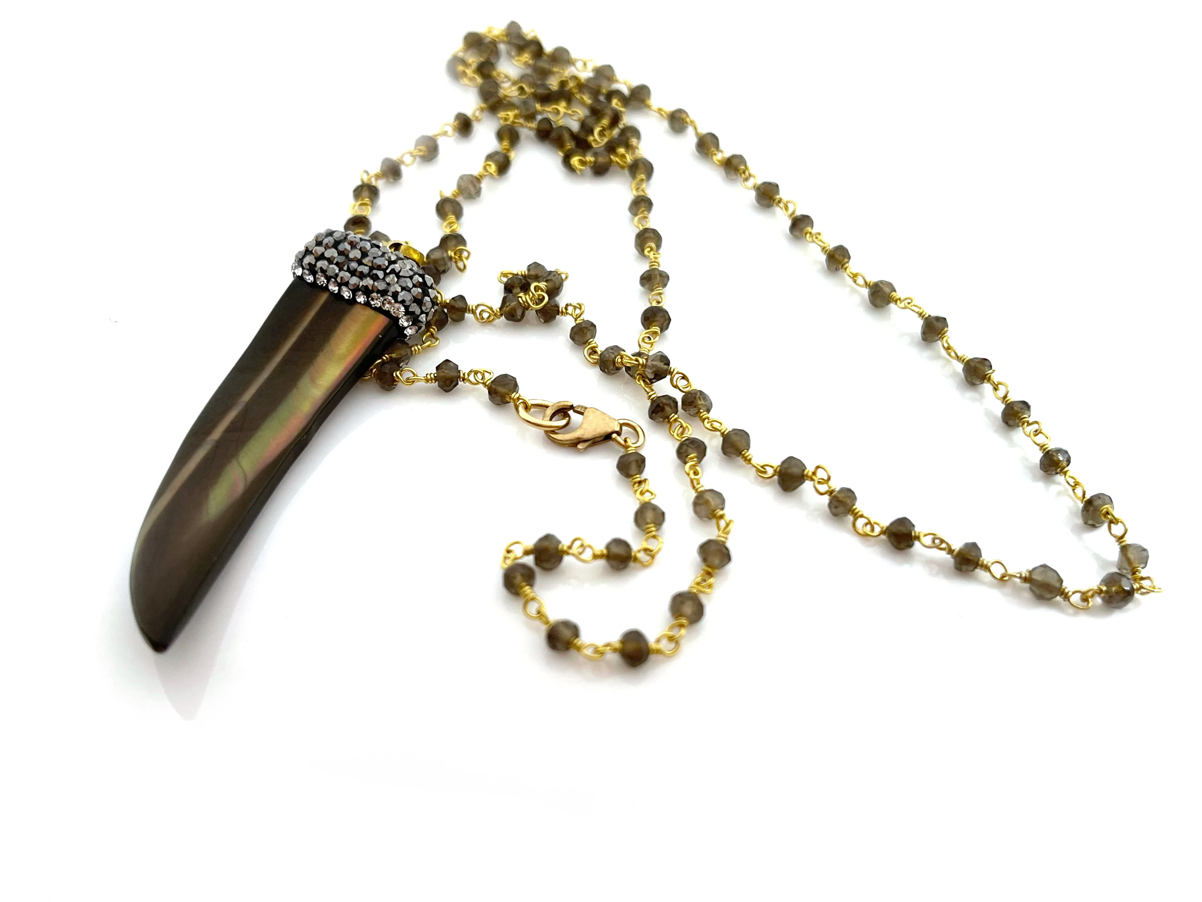 Brown Shell Pave Horn Smoky Quartz Long Rosary Chain Necklace