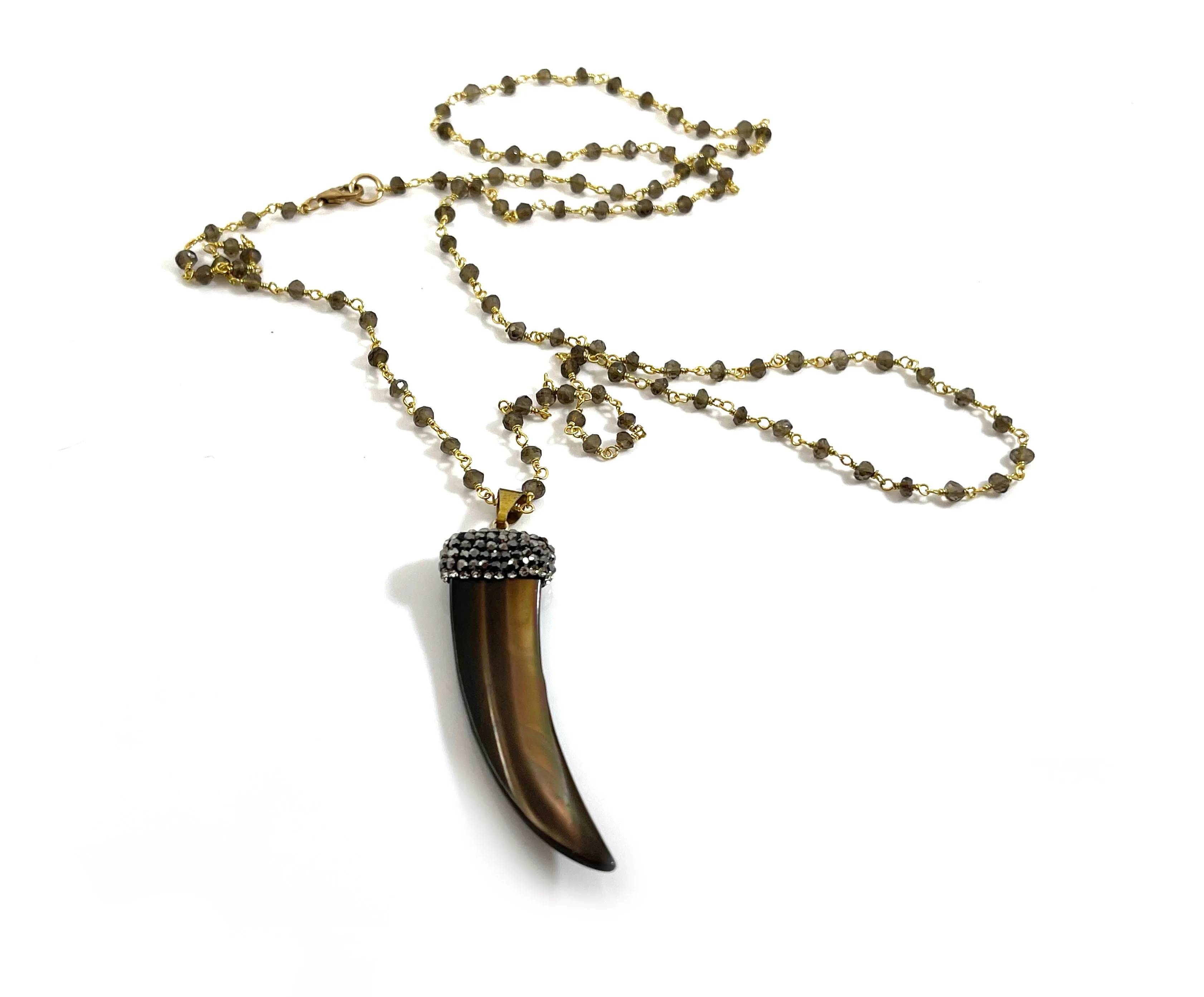 Brown Shell Pave Horn Smoky Quartz Long Rosary Chain Necklace