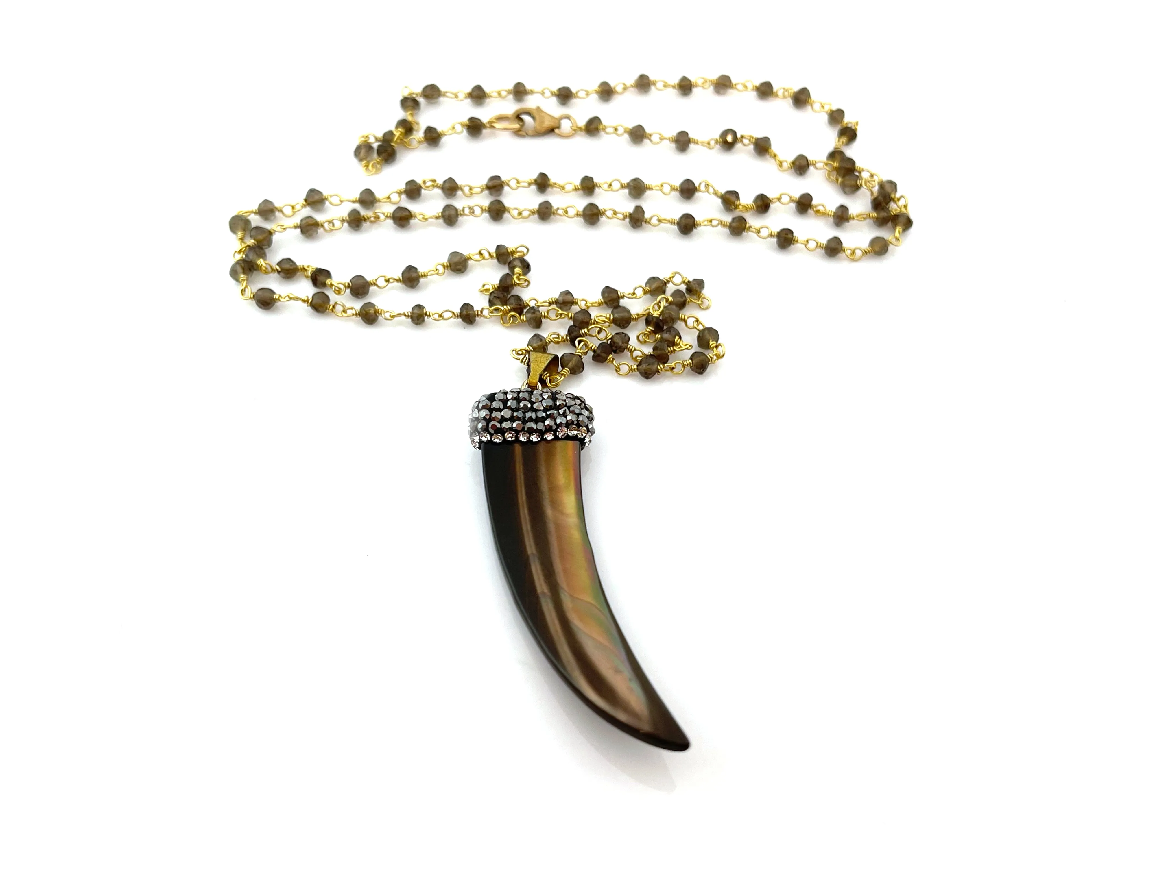 Brown Shell Pave Horn Smoky Quartz Long Rosary Chain Necklace