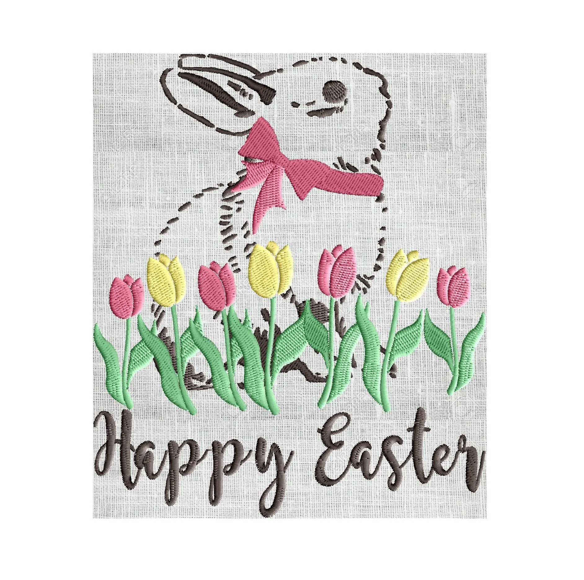Bunny - Happy Easter w Bunny and Tulips - Embroidery Design Embroidery DESIGN FILE Instant download 2 sizes and 4 colors - Hus Dst Jef Pes Exp Vp3