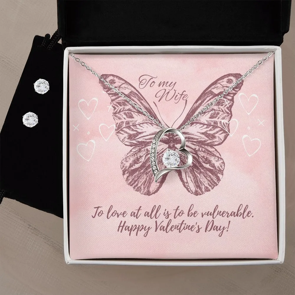 Butterfly Heart Valentine's Forever Heart Necklace & Cubic Zirconia Earring Set