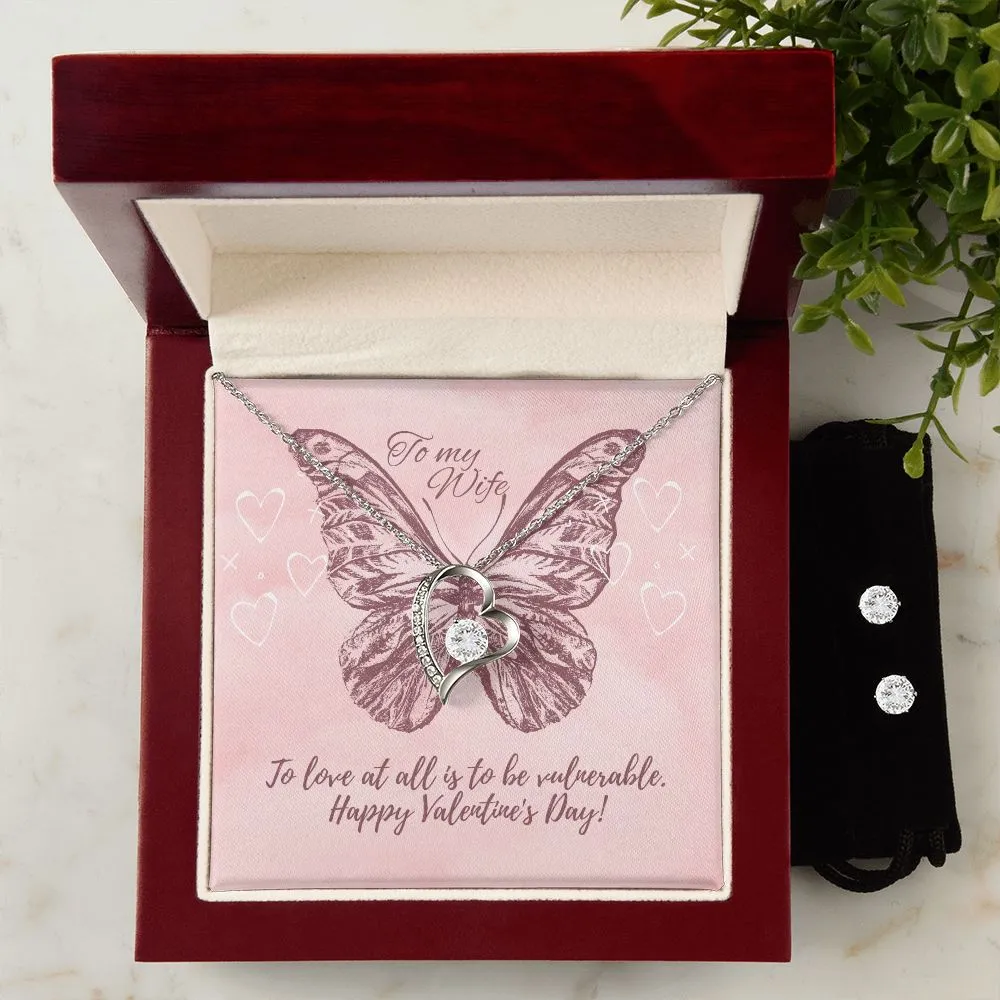 Butterfly Heart Valentine's Forever Heart Necklace & Cubic Zirconia Earring Set