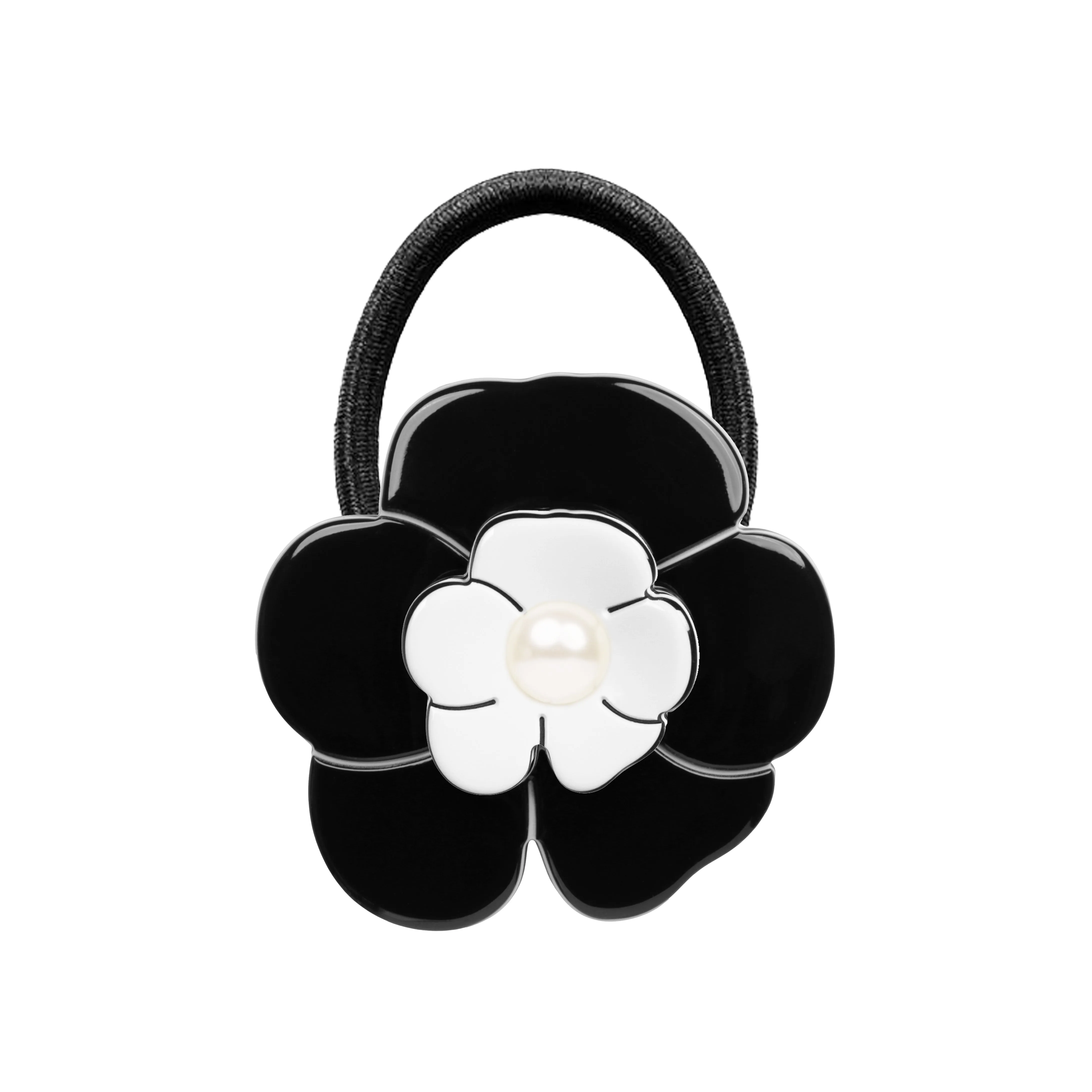 Camellia Pearl Black White Hair Tie