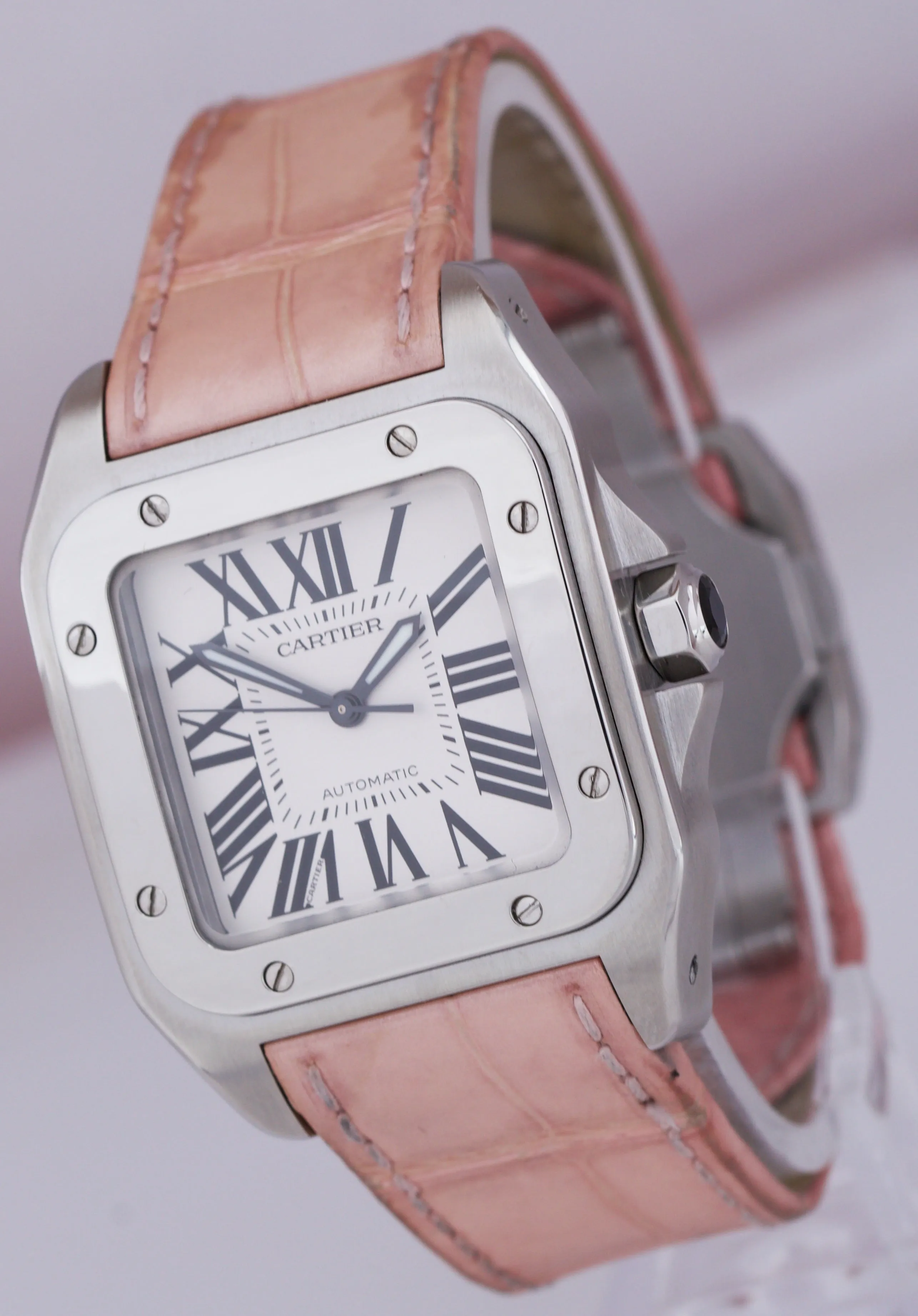 Cartier Santos 100 Midsize Automatic PINK Stainless Leather Watch 2878 W20106X8