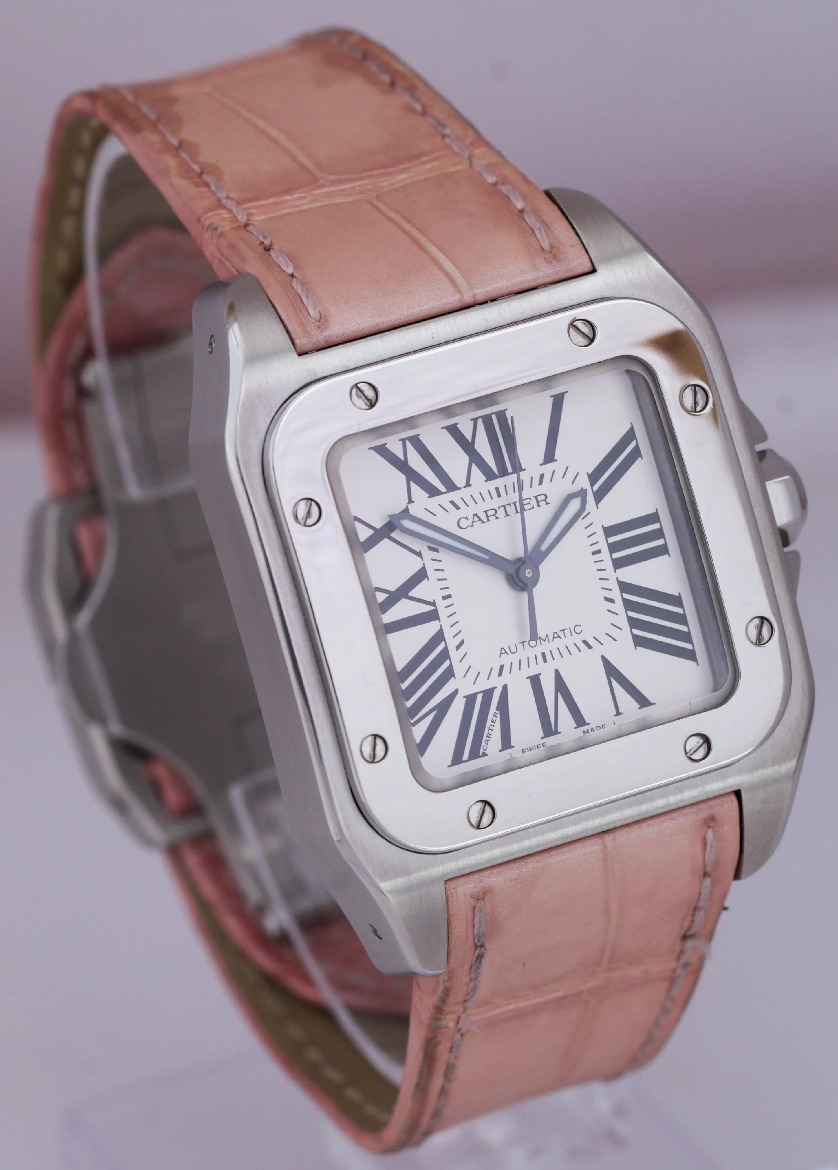 Cartier Santos 100 Midsize Automatic PINK Stainless Leather Watch 2878 W20106X8