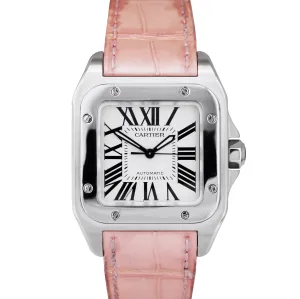 Cartier Santos 100 Midsize Automatic PINK Stainless Leather Watch 2878 W20106X8
