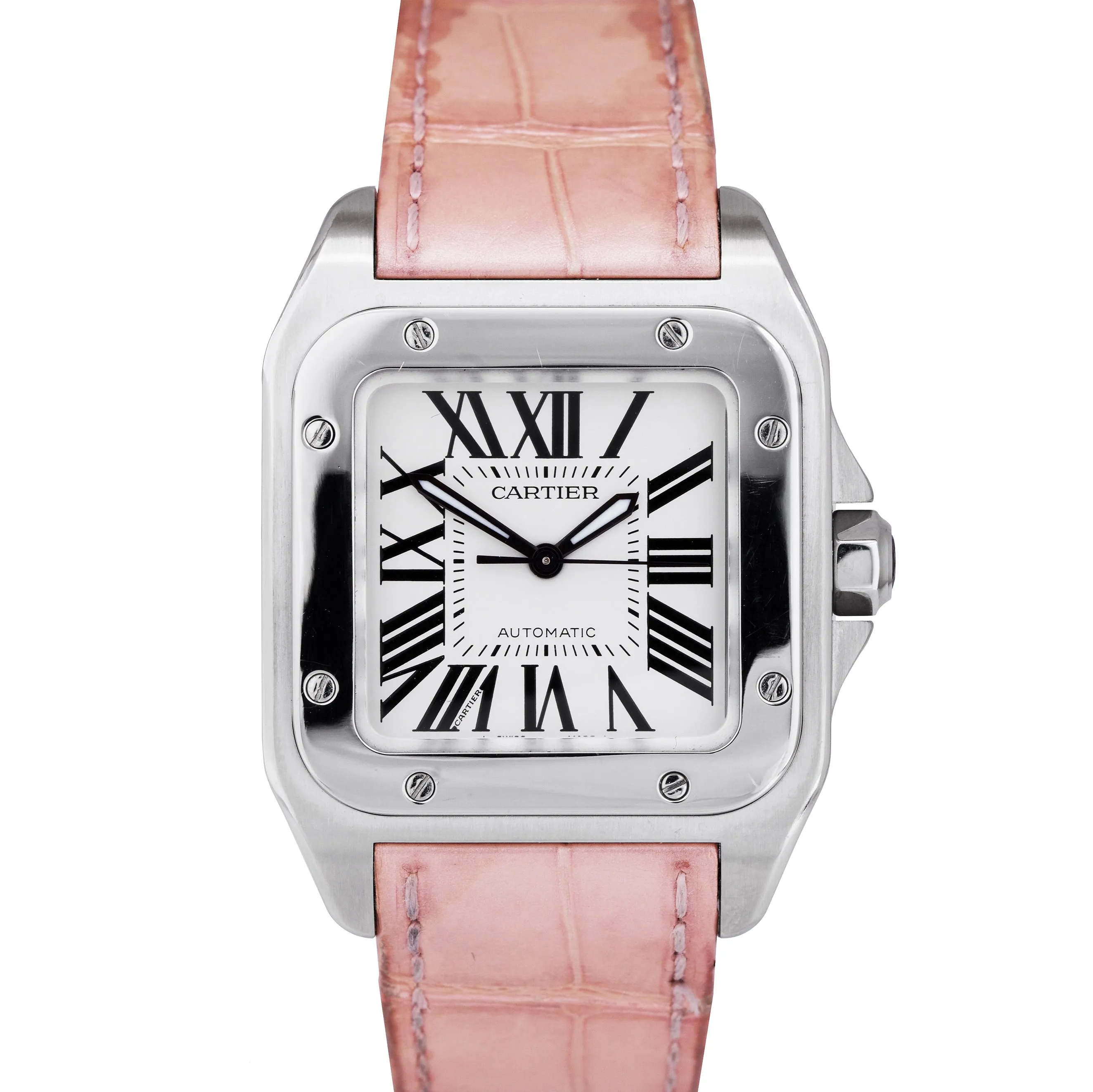 Cartier Santos 100 Midsize Automatic PINK Stainless Leather Watch 2878 W20106X8