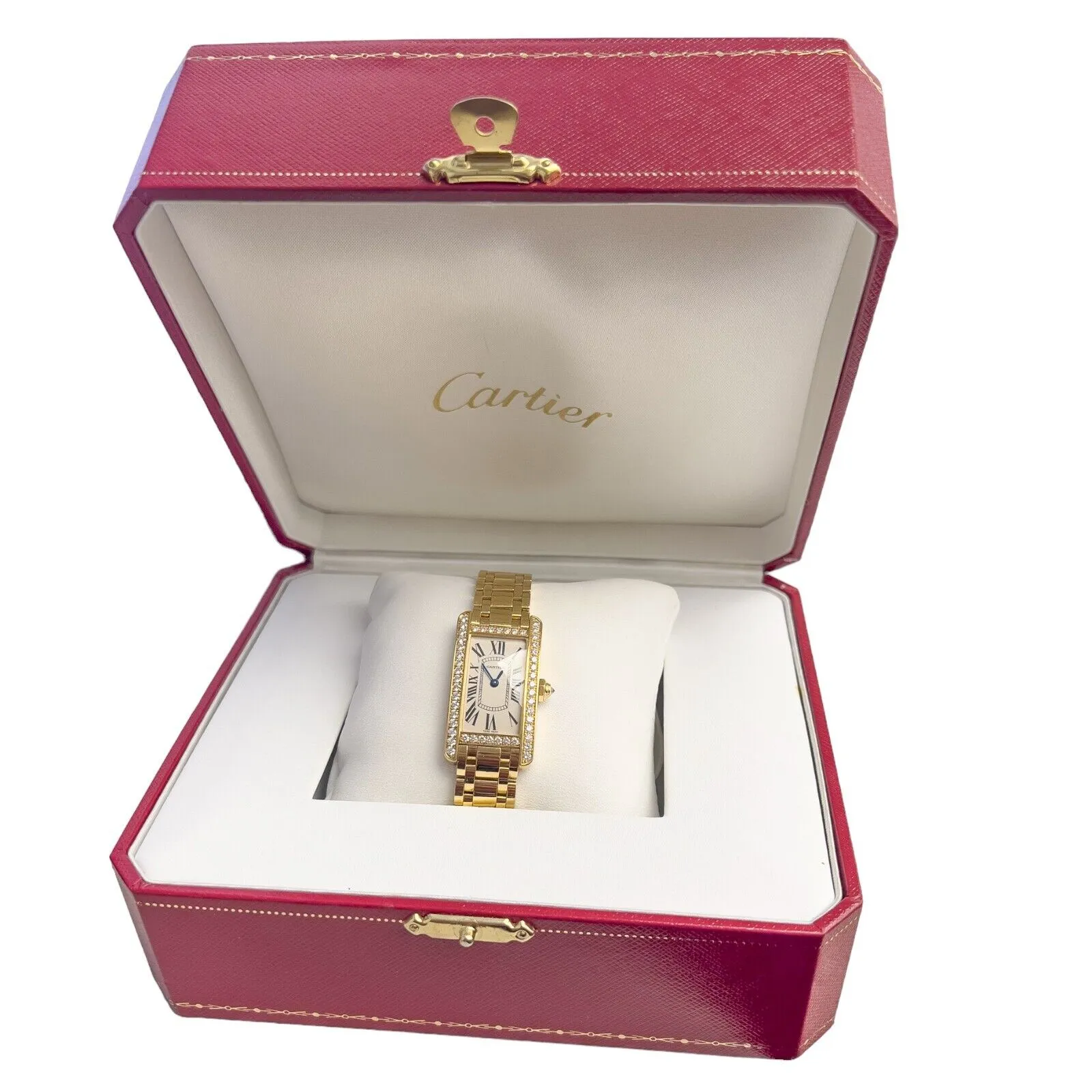 Cartier Tank Americaine 18k Gold Diamond Bezel 19mm WB7072K2 2482 BOX   CERT