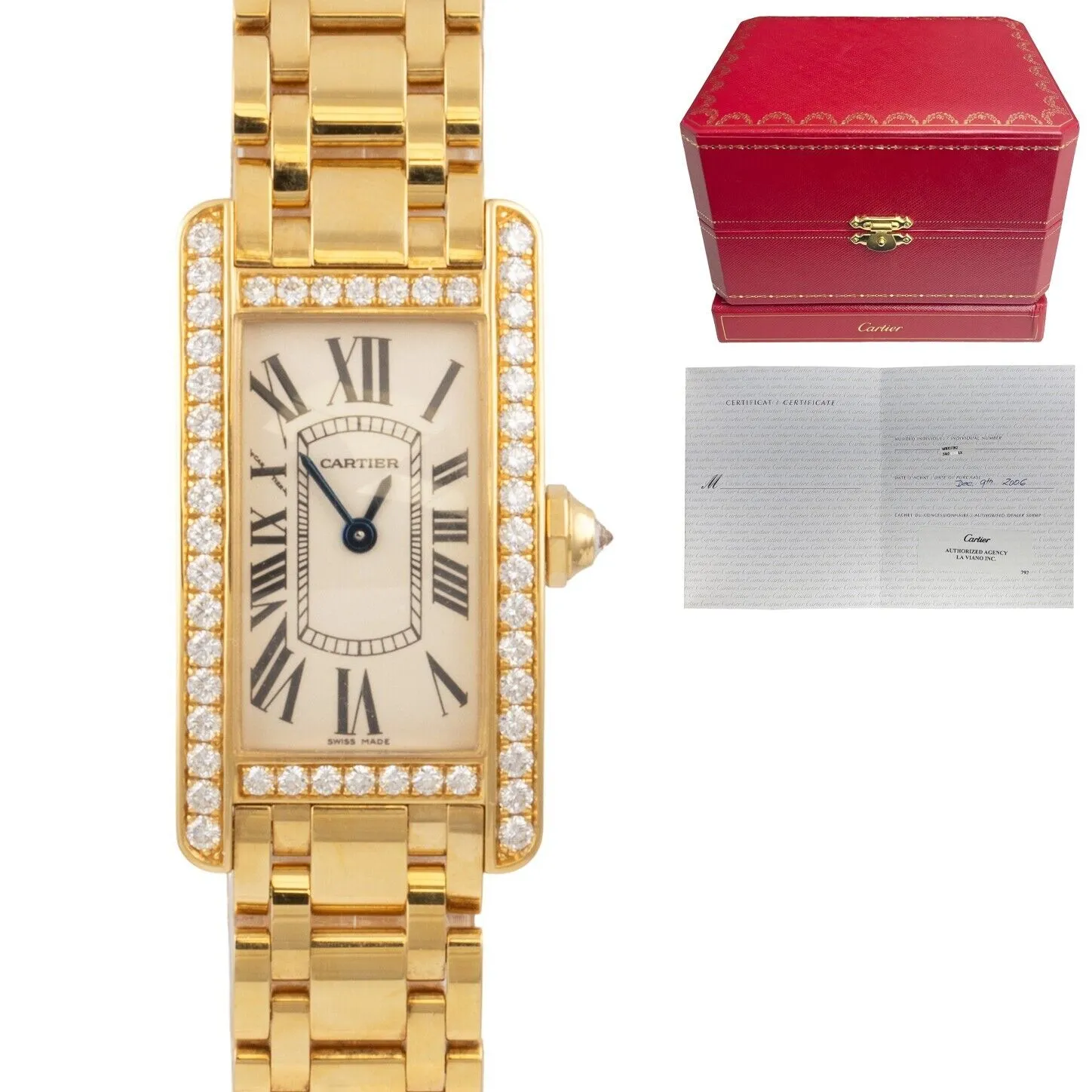 Cartier Tank Americaine 18k Gold Diamond Bezel 19mm WB7072K2 2482 BOX   CERT