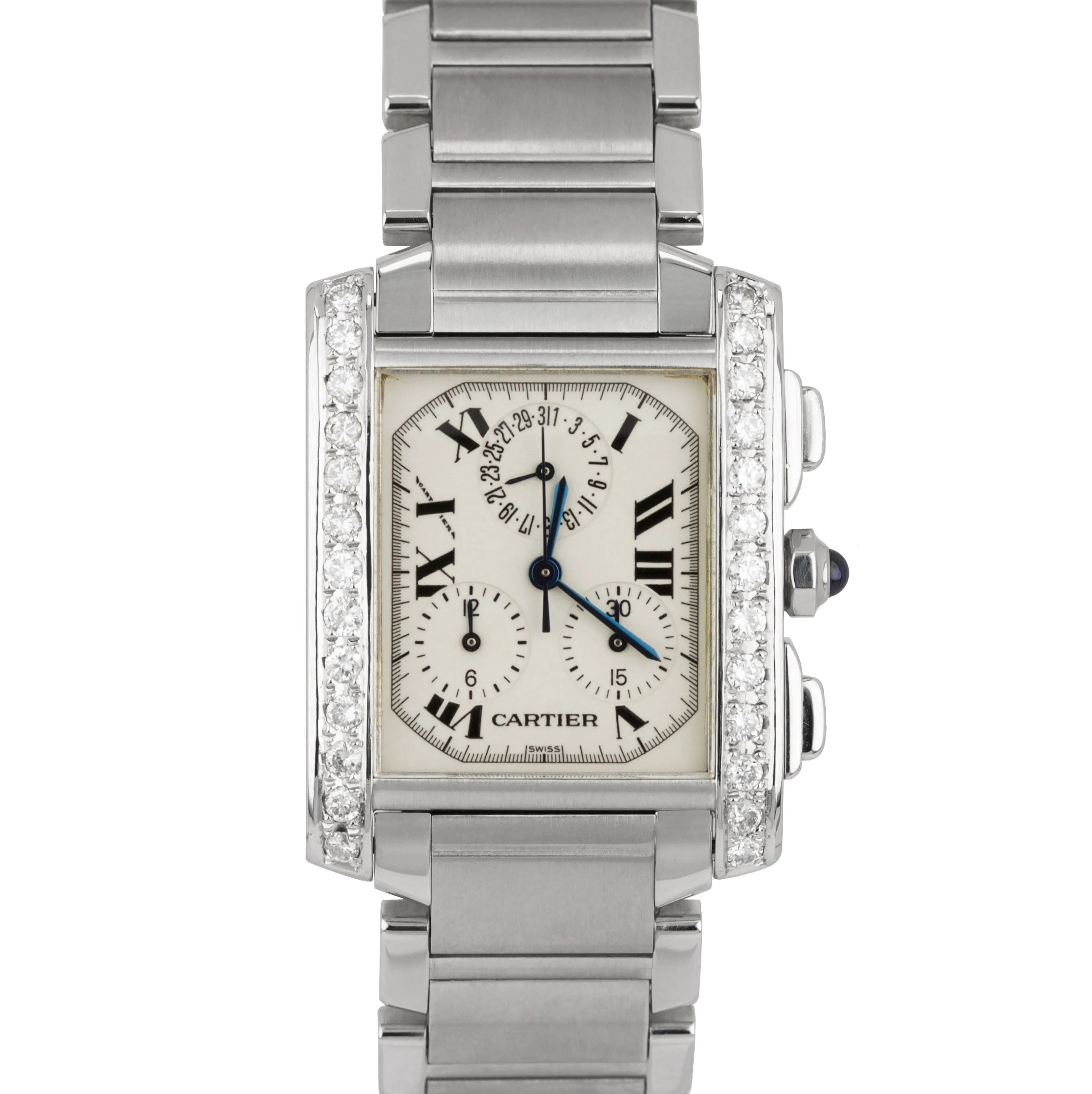 Cartier Tank Francaise Chronoflex 2303 Chronograph Diamond Quartz Watch W51001Q3