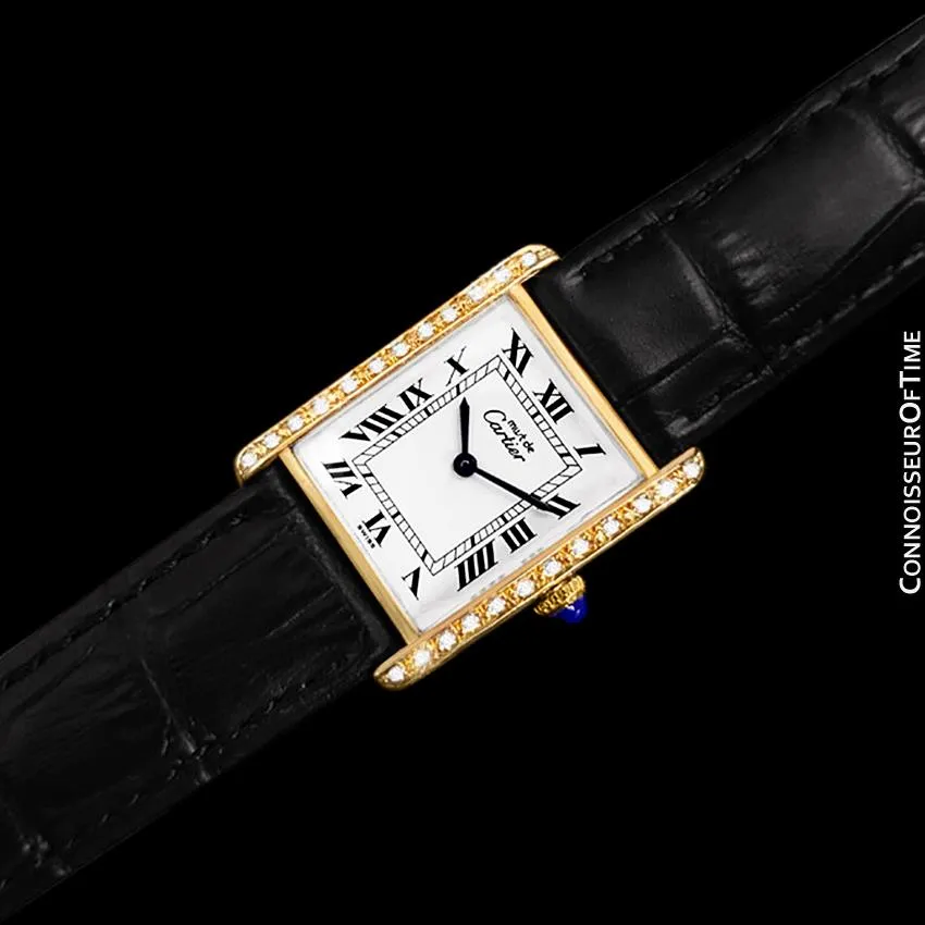 Cartier Vintage Mens Tank Mechanical Watch - Gold Vermeil, 18K Gold over Sterling Silver and Diamonds
