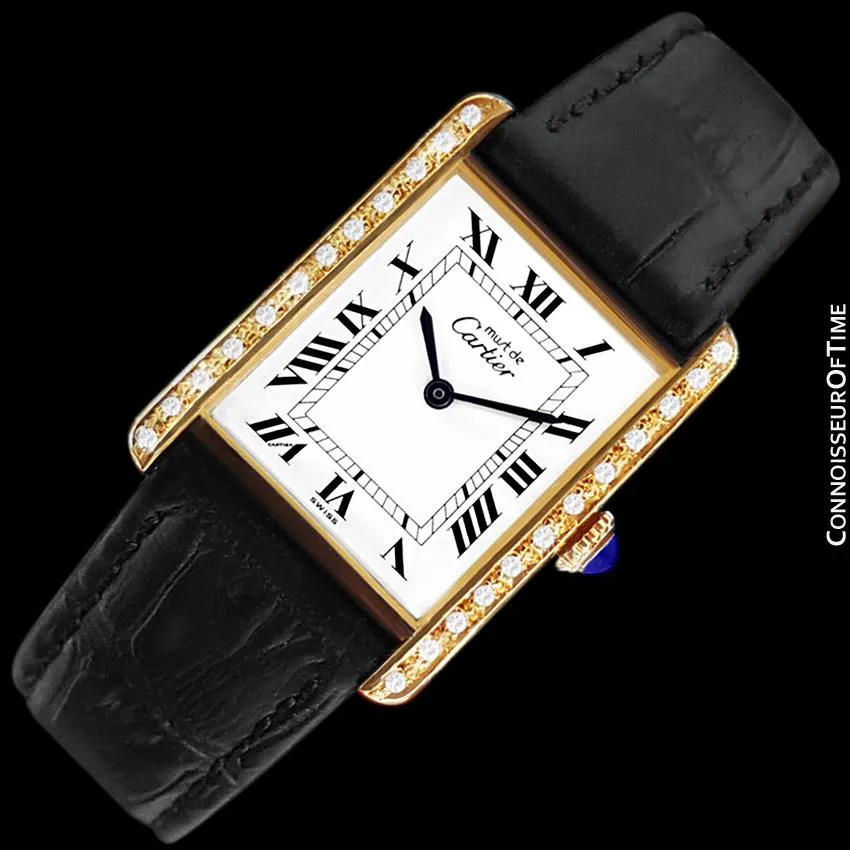 Cartier Vintage Mens Tank Mechanical Watch - Gold Vermeil, 18K Gold over Sterling Silver and Diamonds
