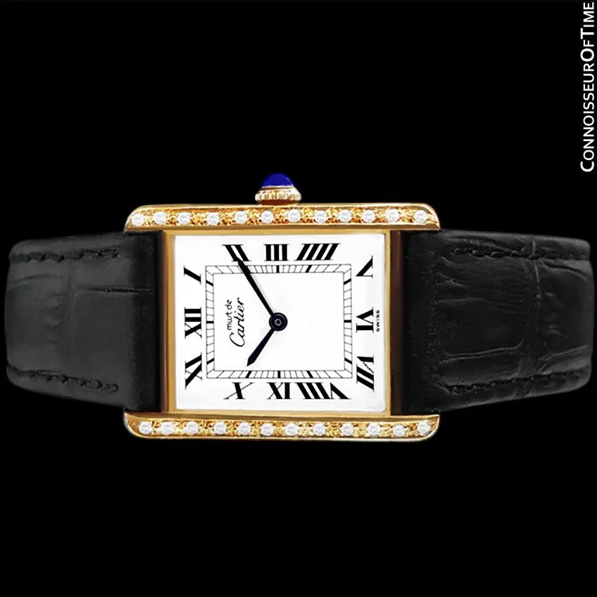 Cartier Vintage Mens Tank Mechanical Watch - Gold Vermeil, 18K Gold over Sterling Silver and Diamonds