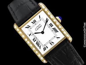Cartier Vintage Mens Tank Mechanical Watch - Gold Vermeil, 18K Gold over Sterling Silver and Diamonds