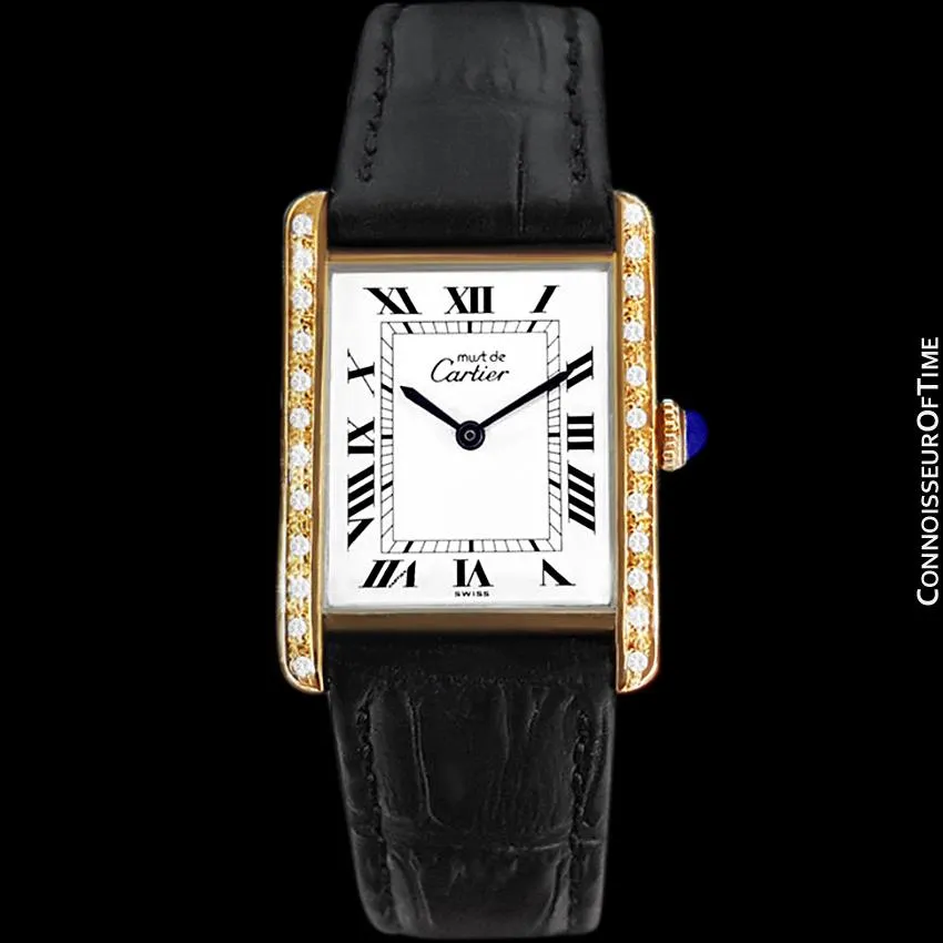 Cartier Vintage Mens Tank Mechanical Watch - Gold Vermeil, 18K Gold over Sterling Silver and Diamonds