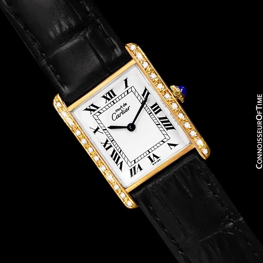 Cartier Vintage Mens Tank Mechanical Watch - Gold Vermeil, 18K Gold over Sterling Silver and Diamonds