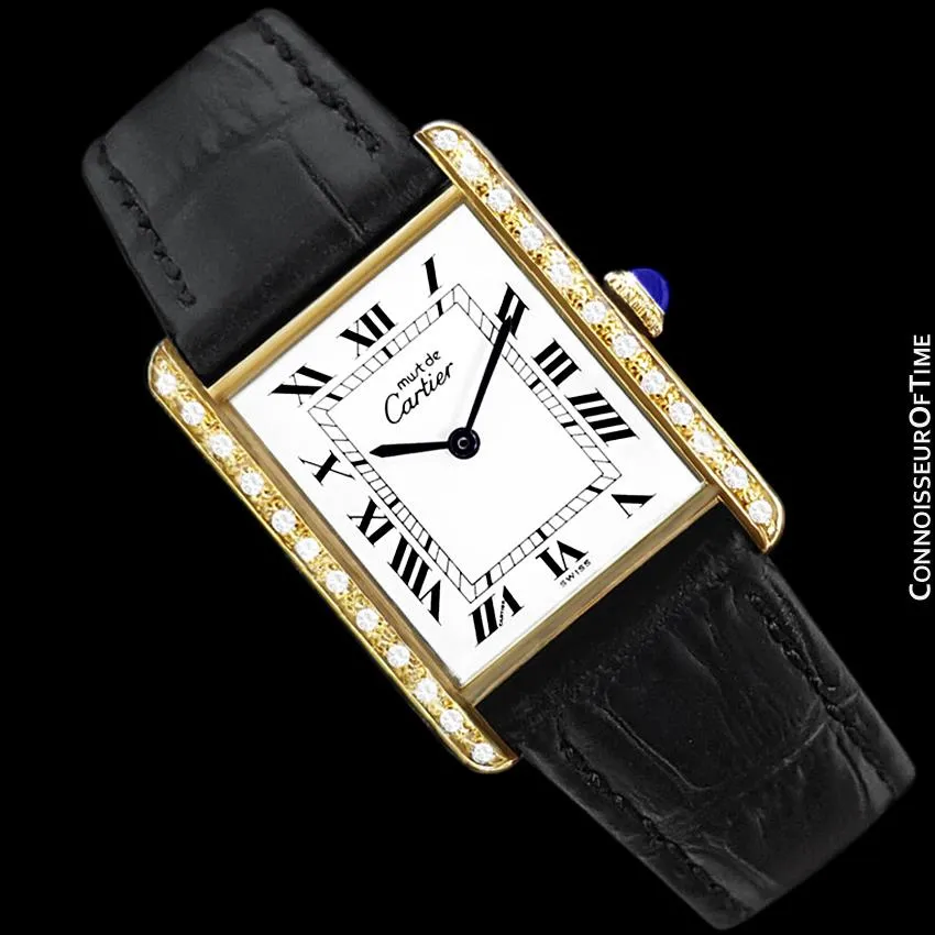 Cartier Vintage Mens Tank Mechanical Watch - Gold Vermeil, 18K Gold over Sterling Silver and Diamonds