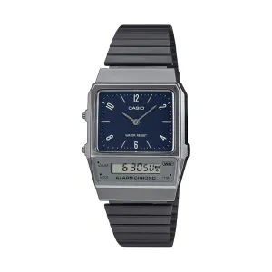 Casio Duo Retro Colour Dual Time Alarm StopwatchBlack Face Black Ip Stainless Steel Band AQ800EB-2A