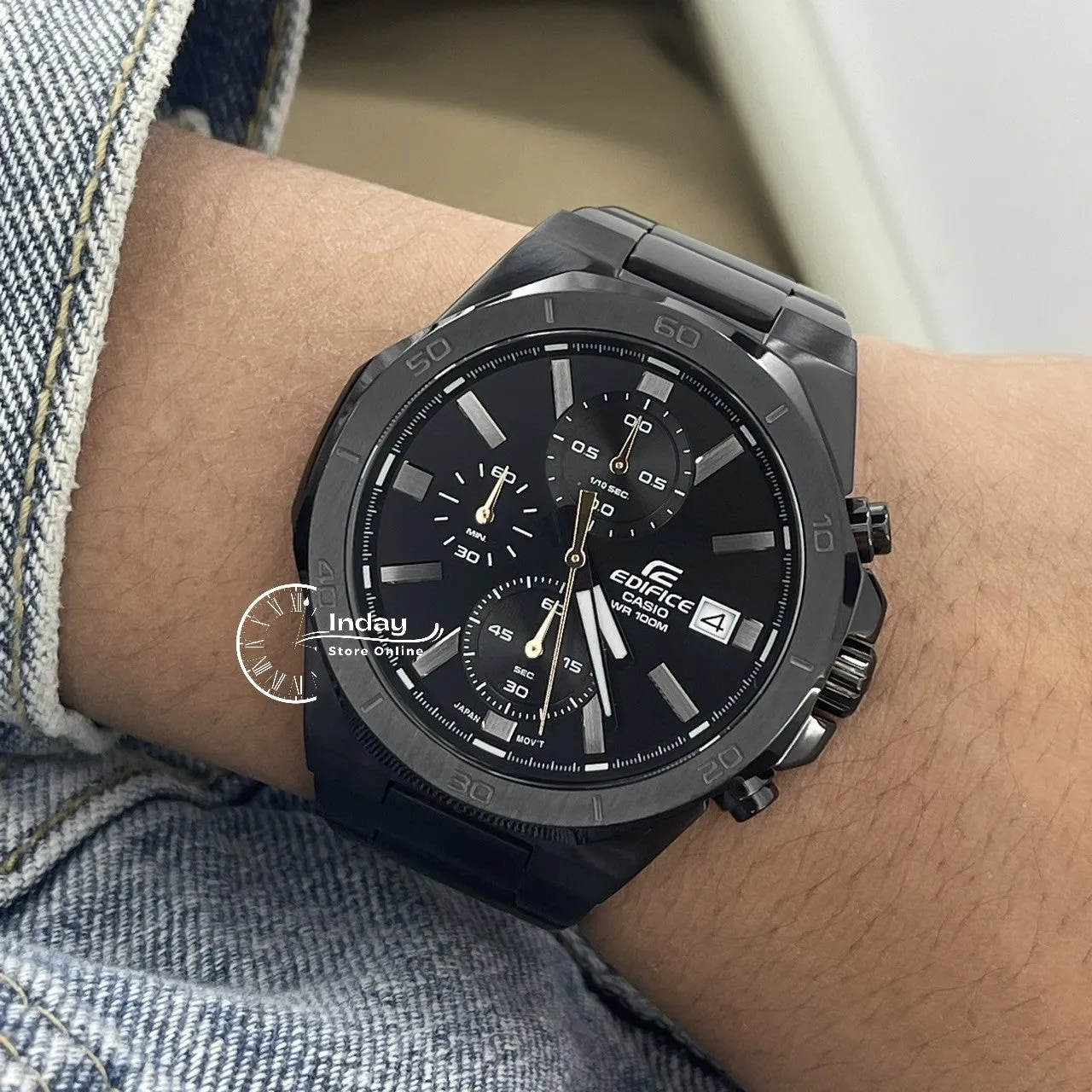 Casio Edifice  Men's Watch EFV-640DC-1A Mineral Glass Stainless Steel Black ion Plated Band