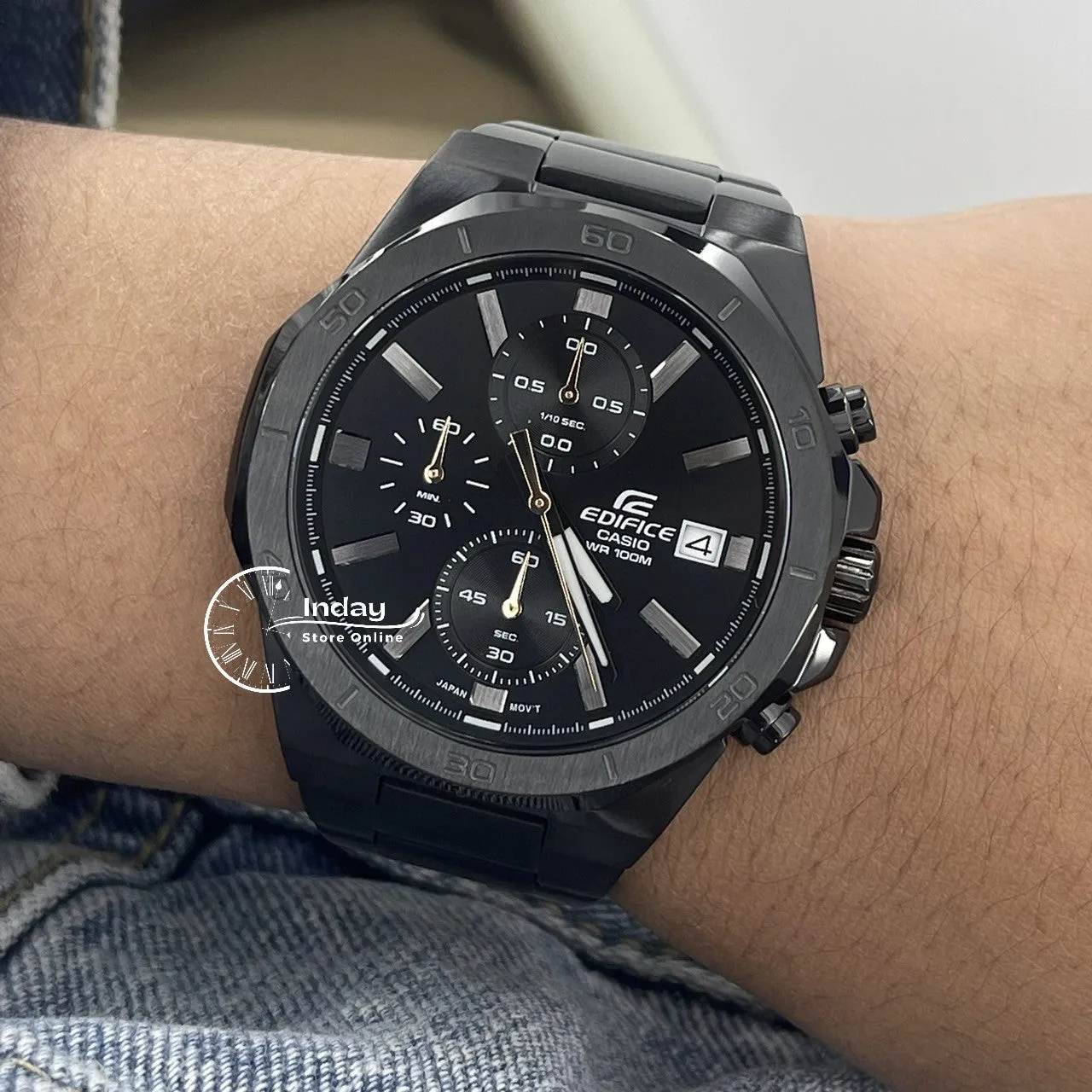 Casio Edifice  Men's Watch EFV-640DC-1A Mineral Glass Stainless Steel Black ion Plated Band
