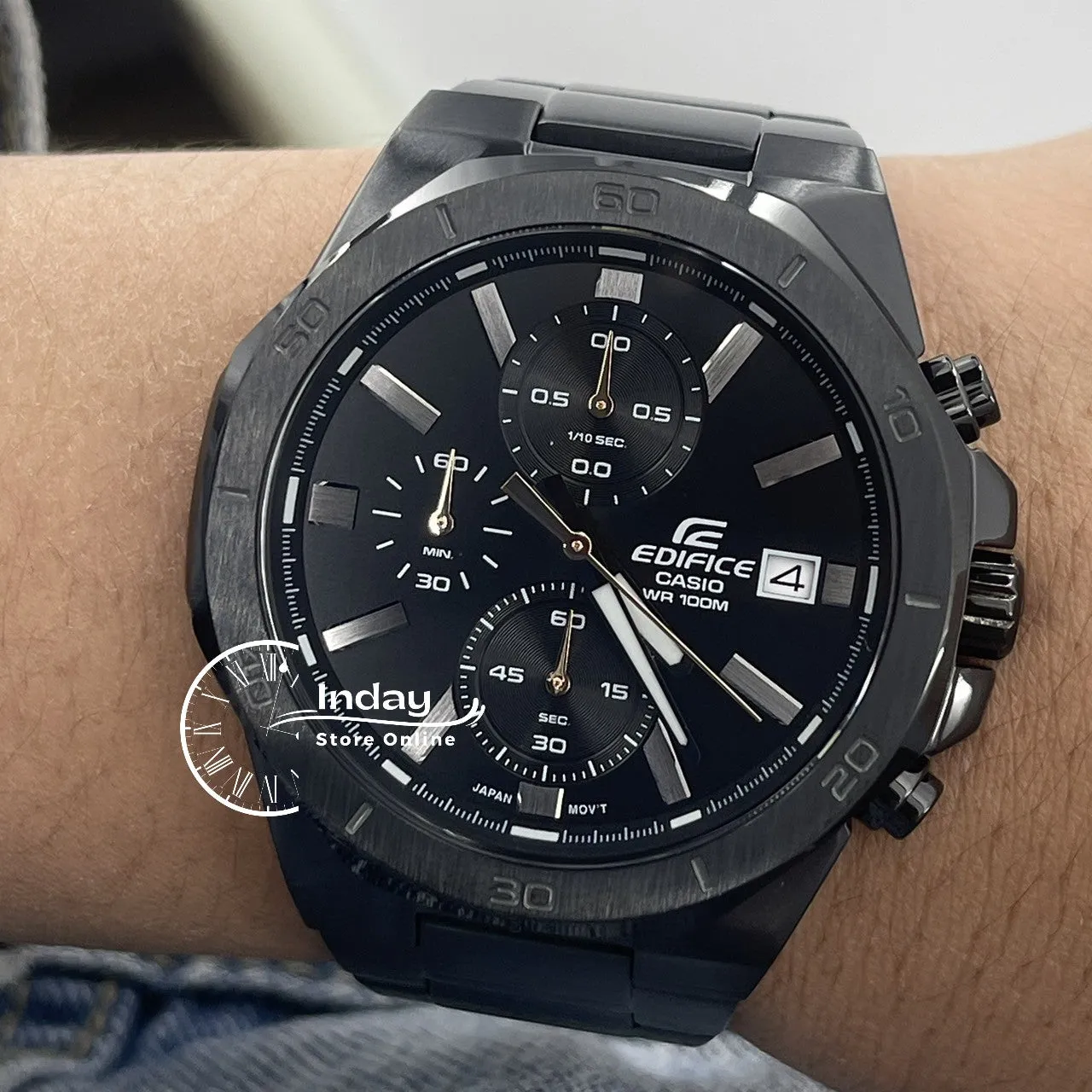 Casio Edifice  Men's Watch EFV-640DC-1A Mineral Glass Stainless Steel Black ion Plated Band