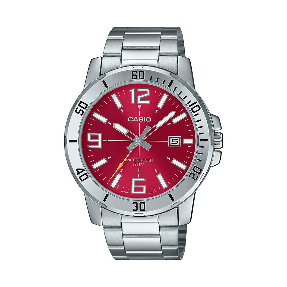 Casio Gent Analogue 50M Water Resistant Red Face Stainless Steel Band MTPVD01D-4B