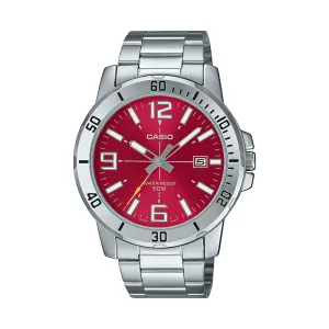 Casio Gent Analogue 50M Water Resistant Red Face Stainless Steel Band MTPVD01D-4B