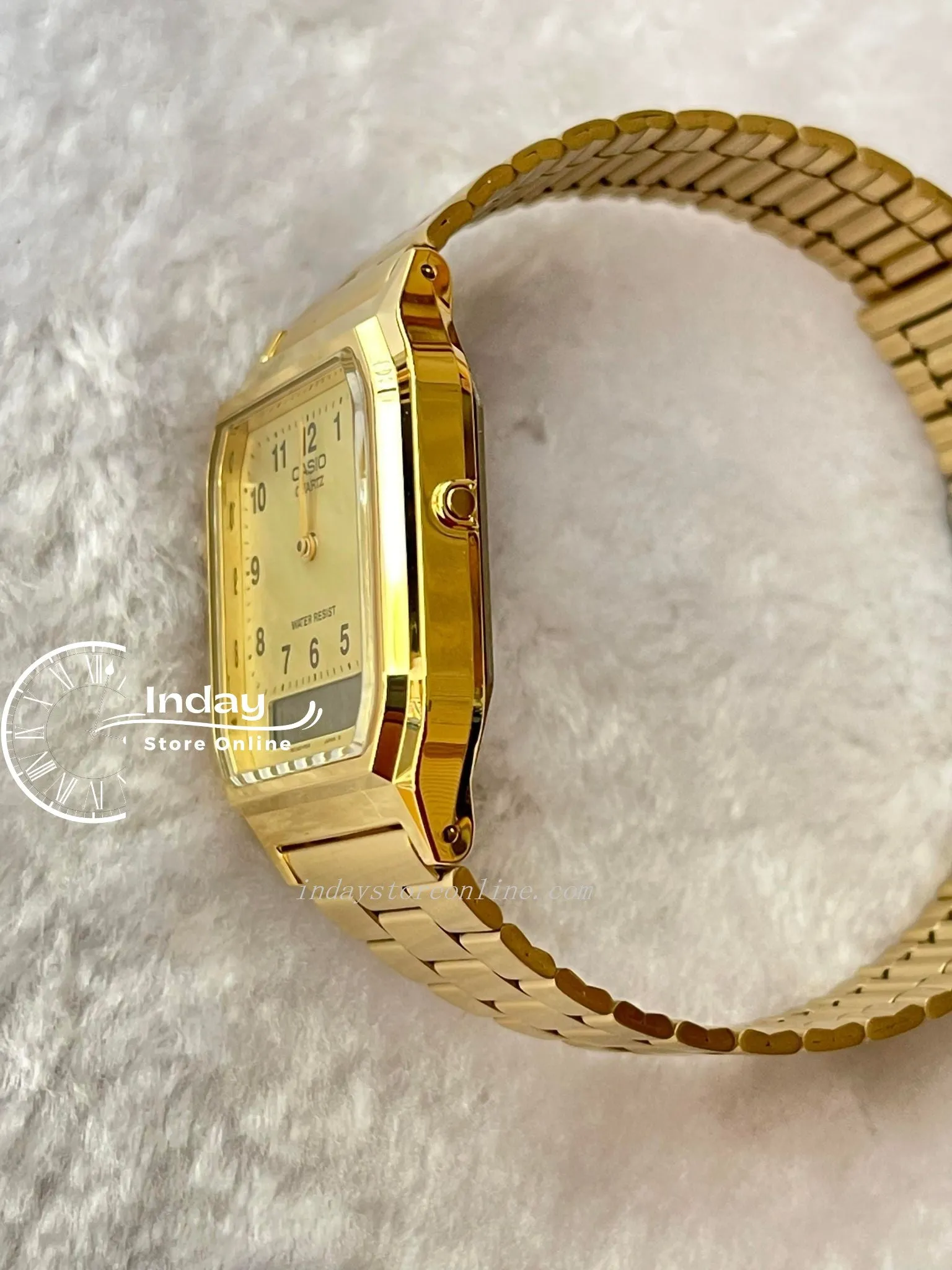 Casio Vintage Unisex Watch AQ-230GA-9B Gold Plated Stainless Steel Self-adjustable Band