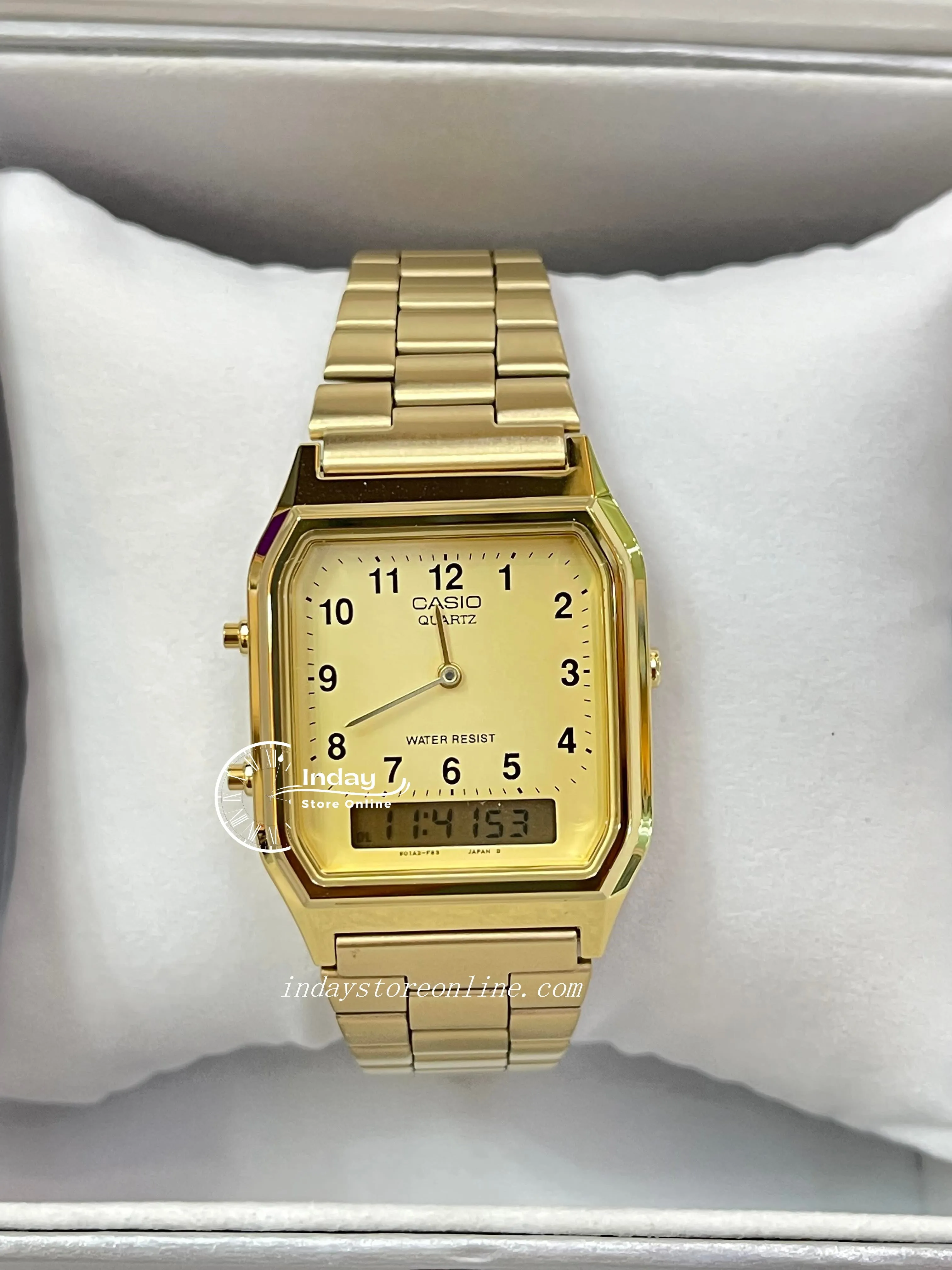 Casio Vintage Unisex Watch AQ-230GA-9B Gold Plated Stainless Steel Self-adjustable Band
