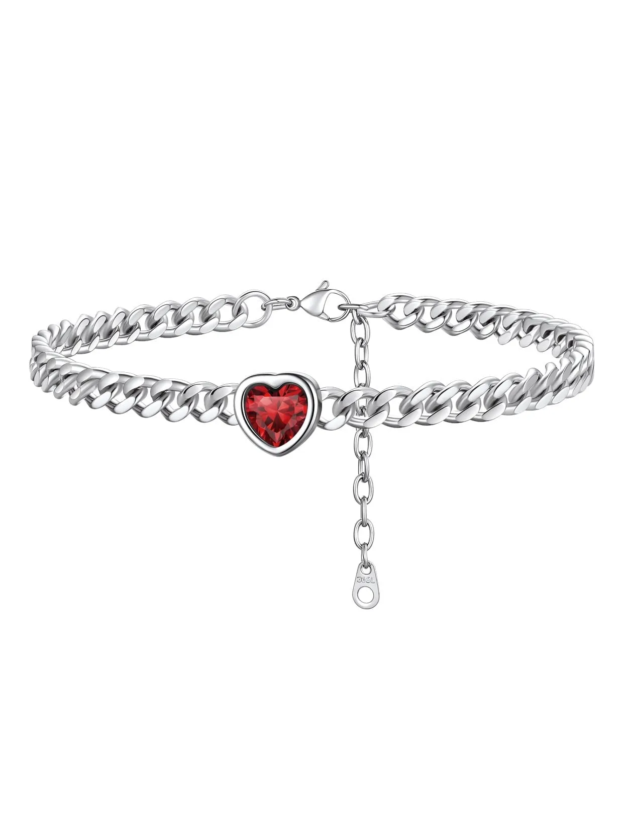 ChainsPro Women Heart Anklets 5MM Cuban Link Birthstone Ankle Bracelet Jewelry Gift, Stainless Steel