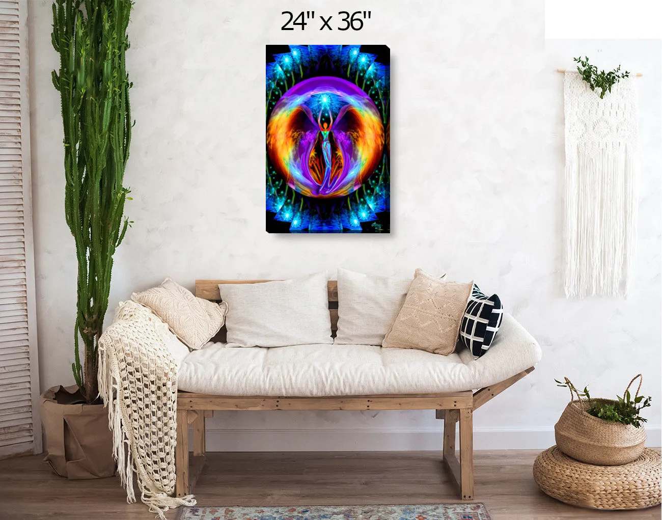 Chakra Angel Art Stretched Canvas Print, Rainbow Reiki Wall Decor - "Embrace Light"