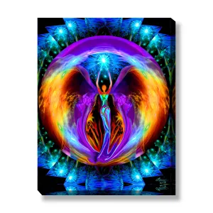 Chakra Angel Art Stretched Canvas Print, Rainbow Reiki Wall Decor - "Embrace Light"