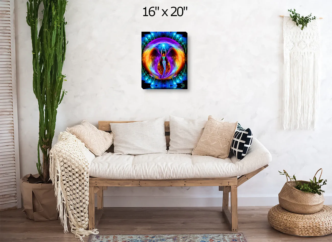 Chakra Angel Art Stretched Canvas Print, Rainbow Reiki Wall Decor - "Embrace Light"